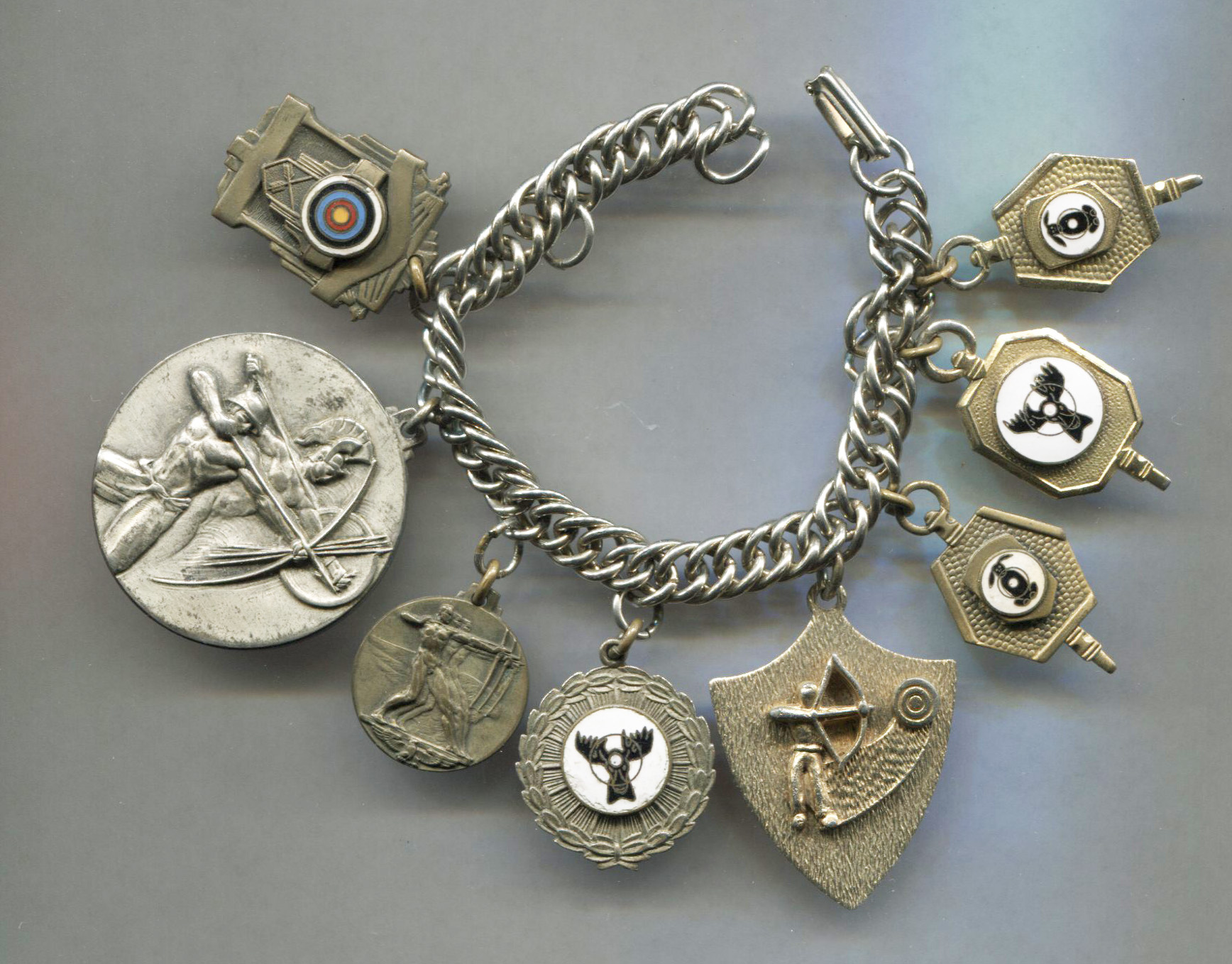 Silver Metal Charm Bracelet W/ 8 Archery Charms