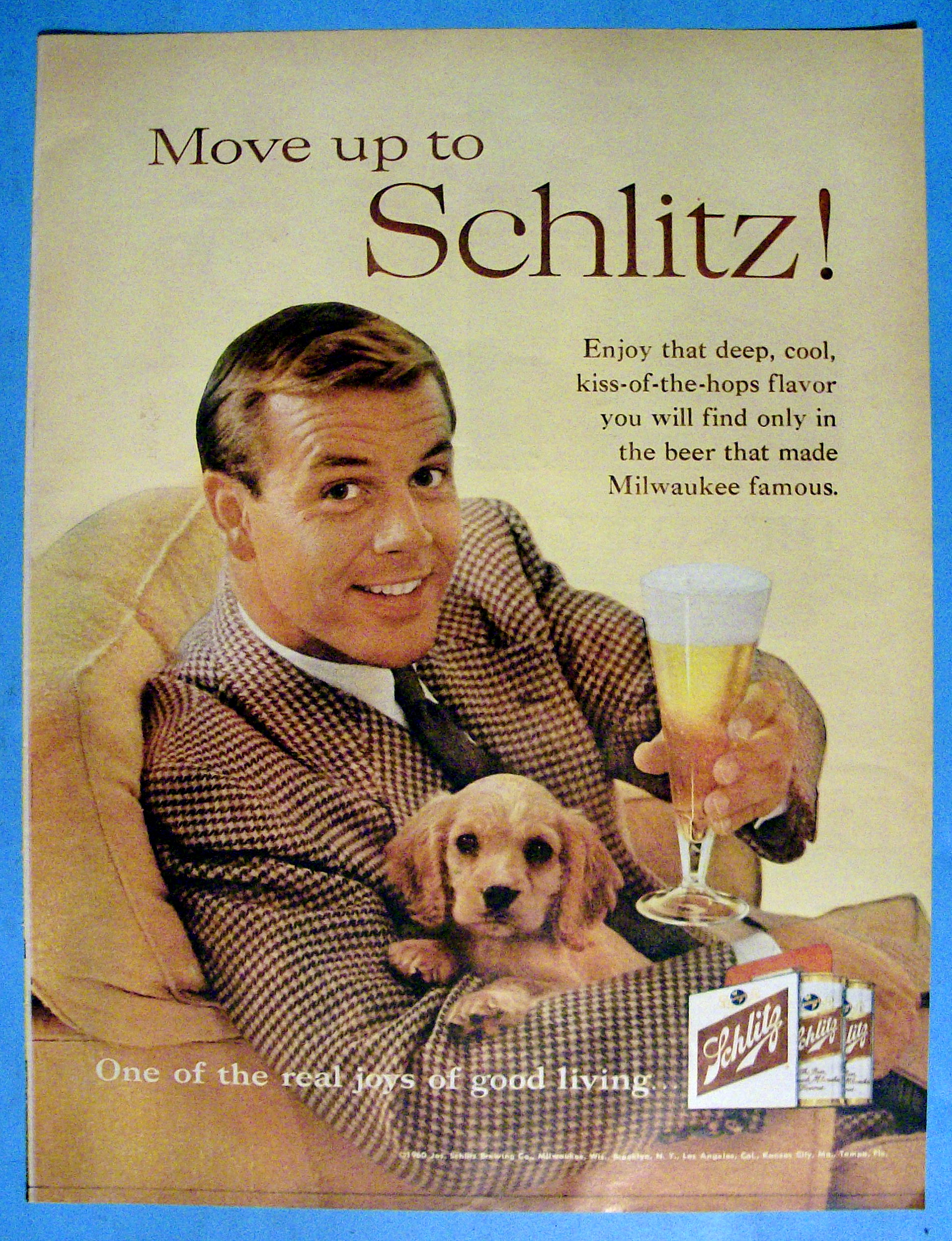 1960 Schlitz Beer with Man Holding a Puppy & a Glass