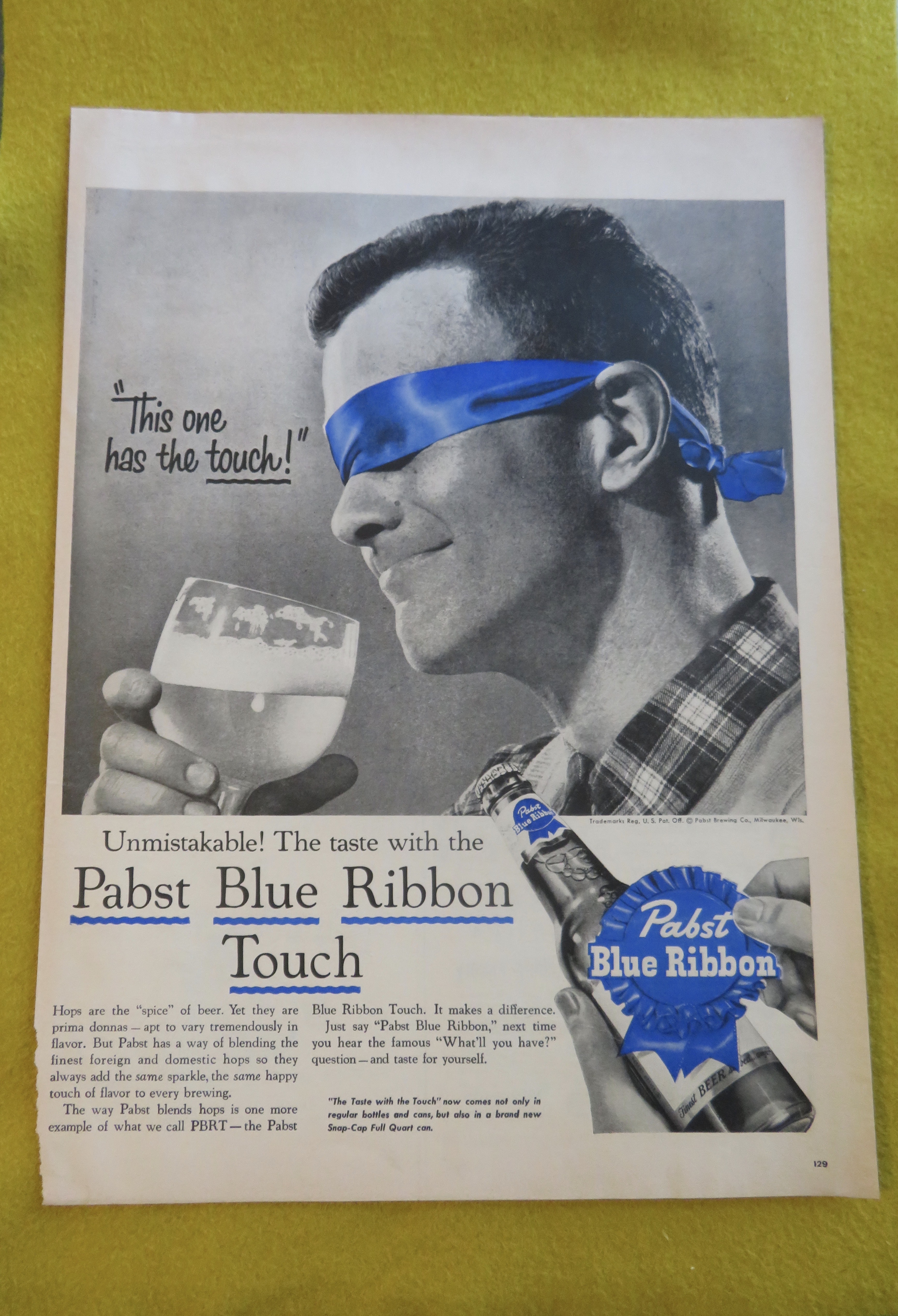 1956 Pabst Blue Ribbon Beer With A Man Blindfolded
