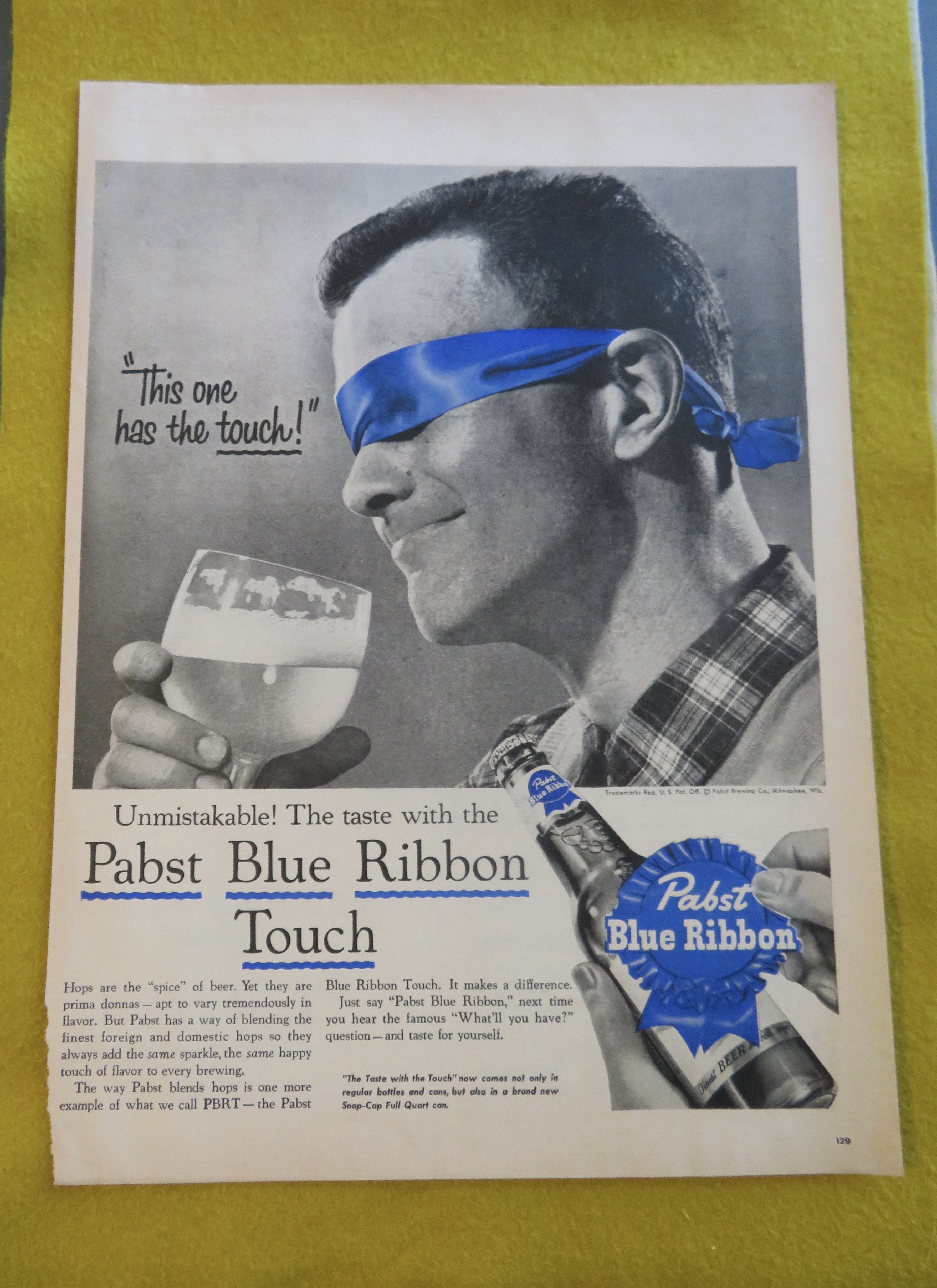 1956 Pabst Blue Ribbon Beer With A Man Blindfolded