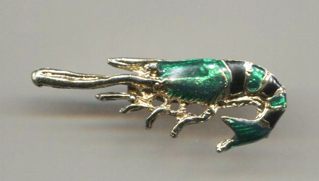 Crawfish Pin, Green & Black On Gold Tone