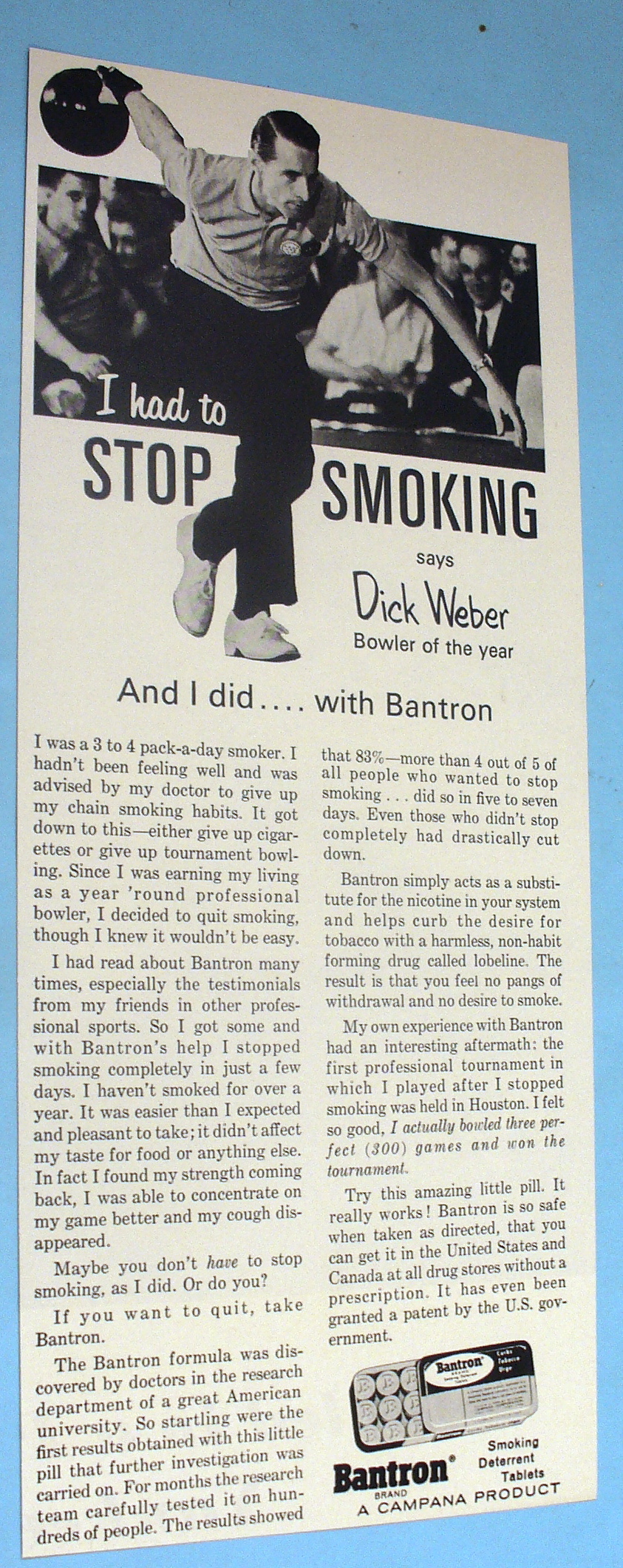 1966 Bantron Smoking Deterrent Tablets w/ Dick Weber