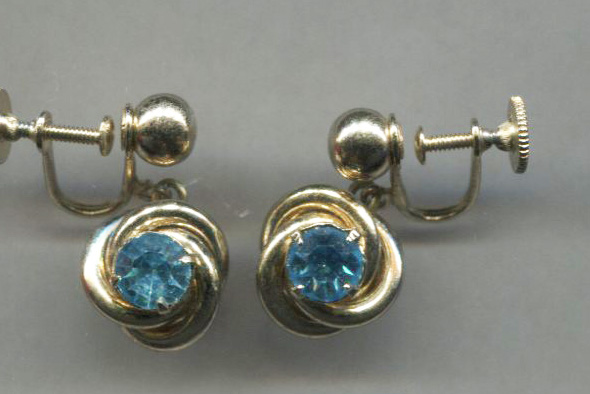 Gold Tone Knot W/Blue Stone Drop Screw-Back Earrings