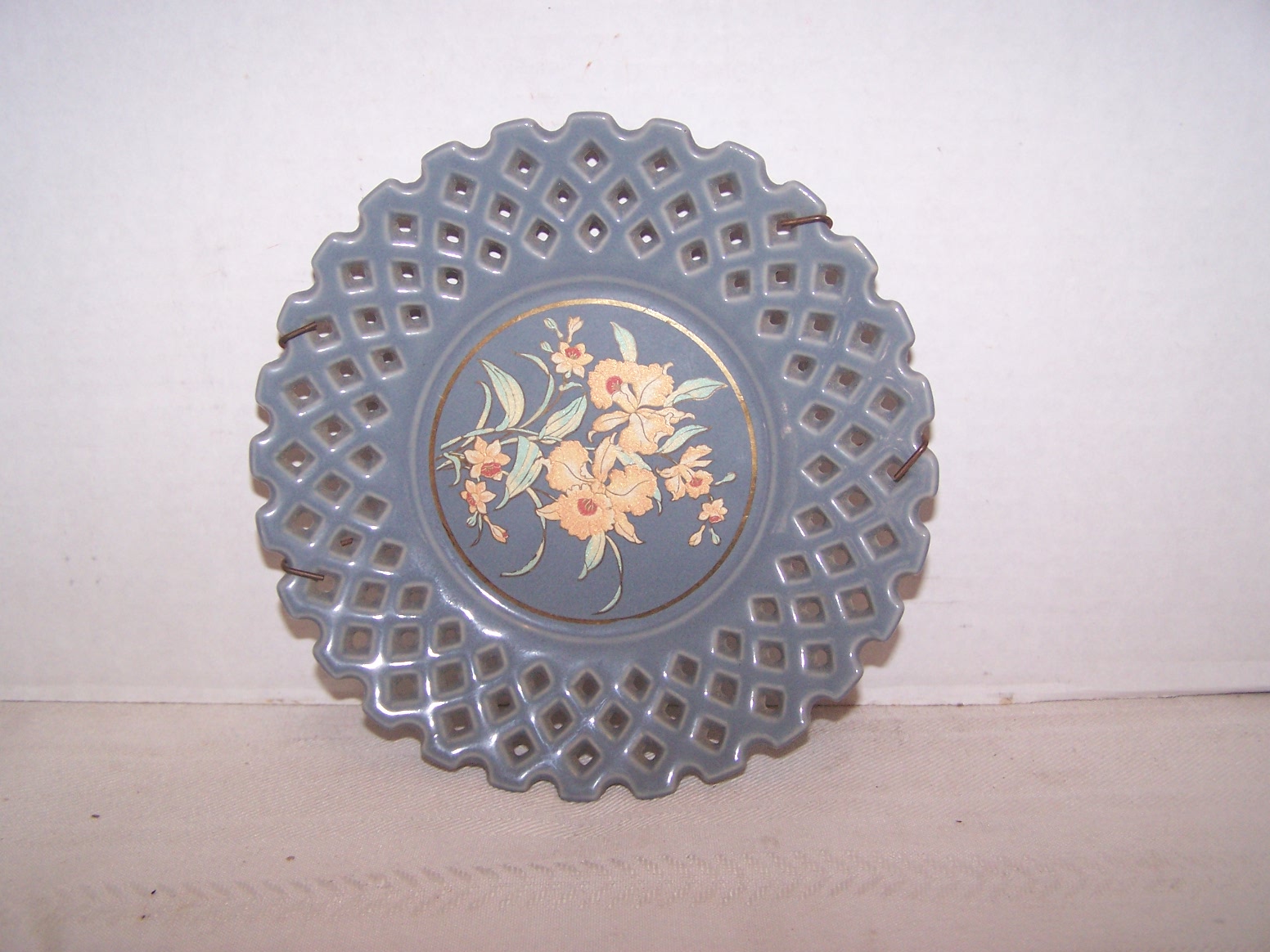 Pink Orchids on Blue Decorated Plate, Made in Japan