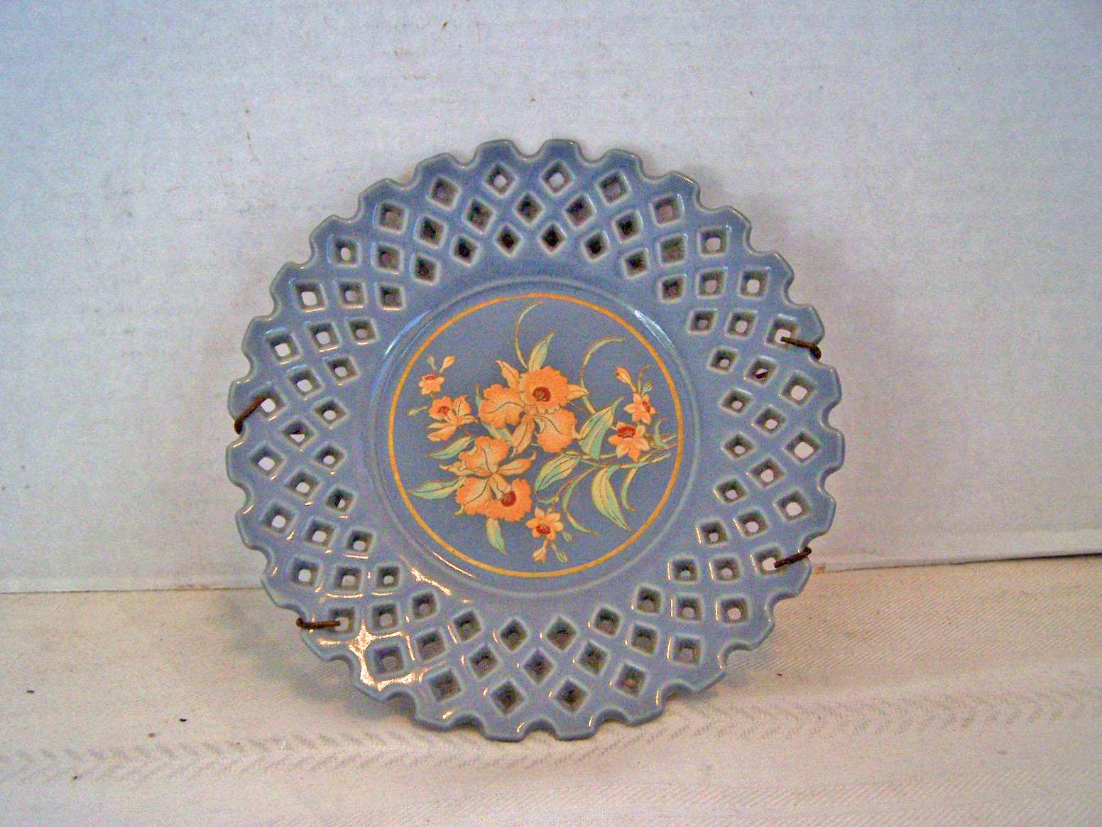 Pink Orchids on Blue Decorated Plate, Made in Japan