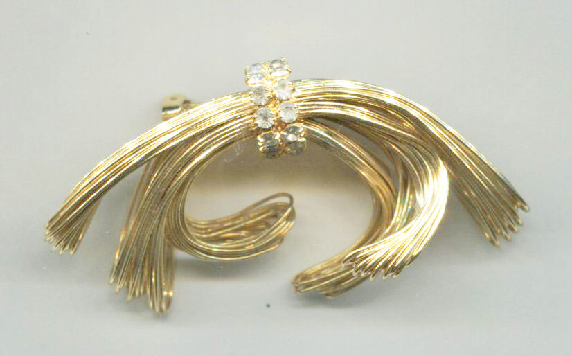 Gold Wires Bow Shape Pin, Clear Rhinestone Accent