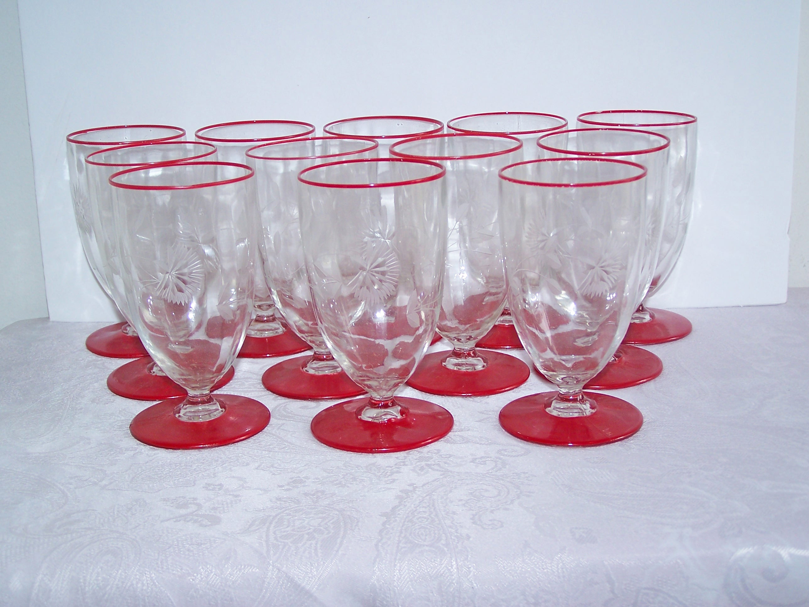 12 Red Base & Rim Etched Glasses, Deco Look