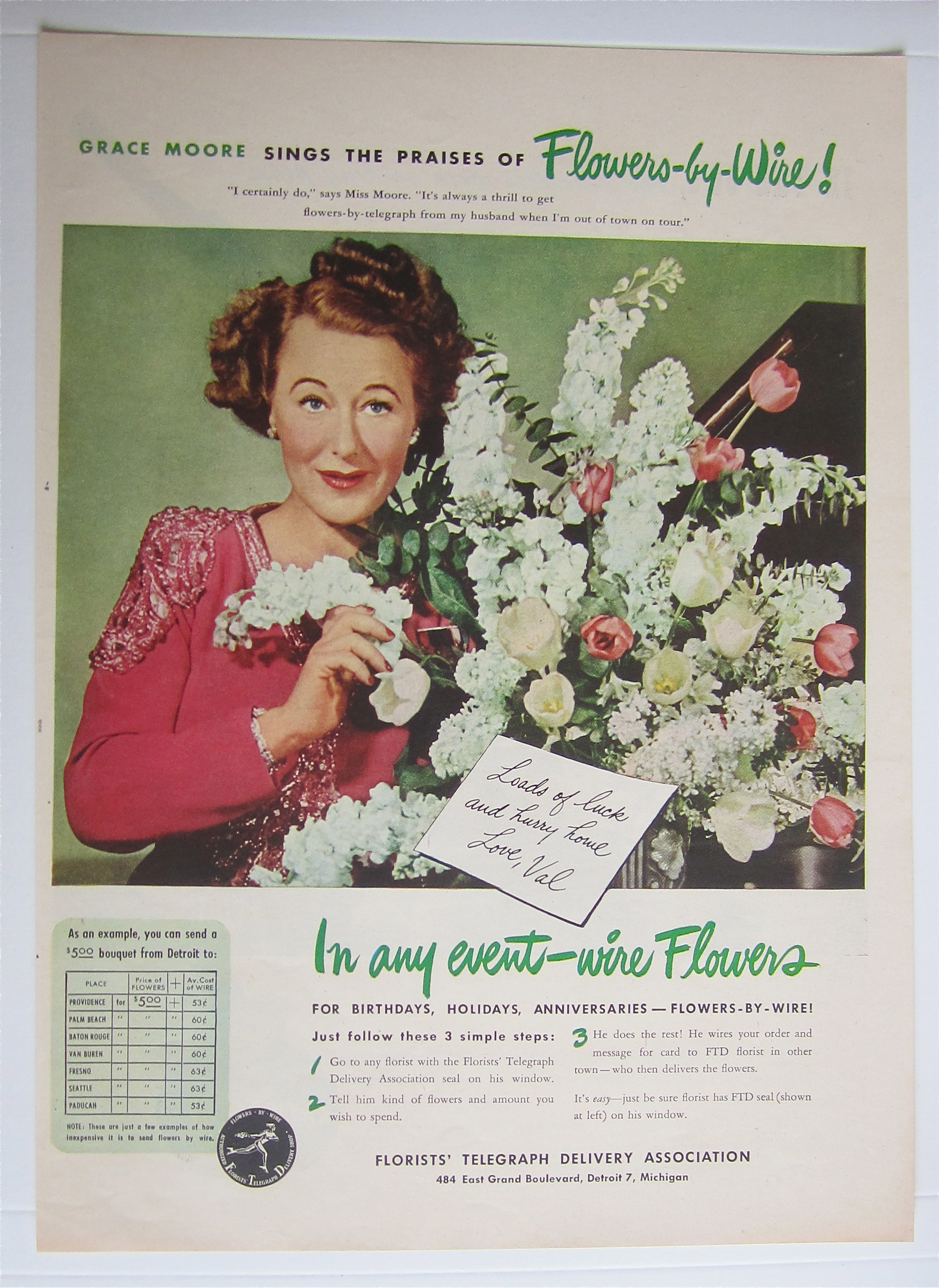 1945 FTD Florists  Telegraph  Delivery with Grace Moore