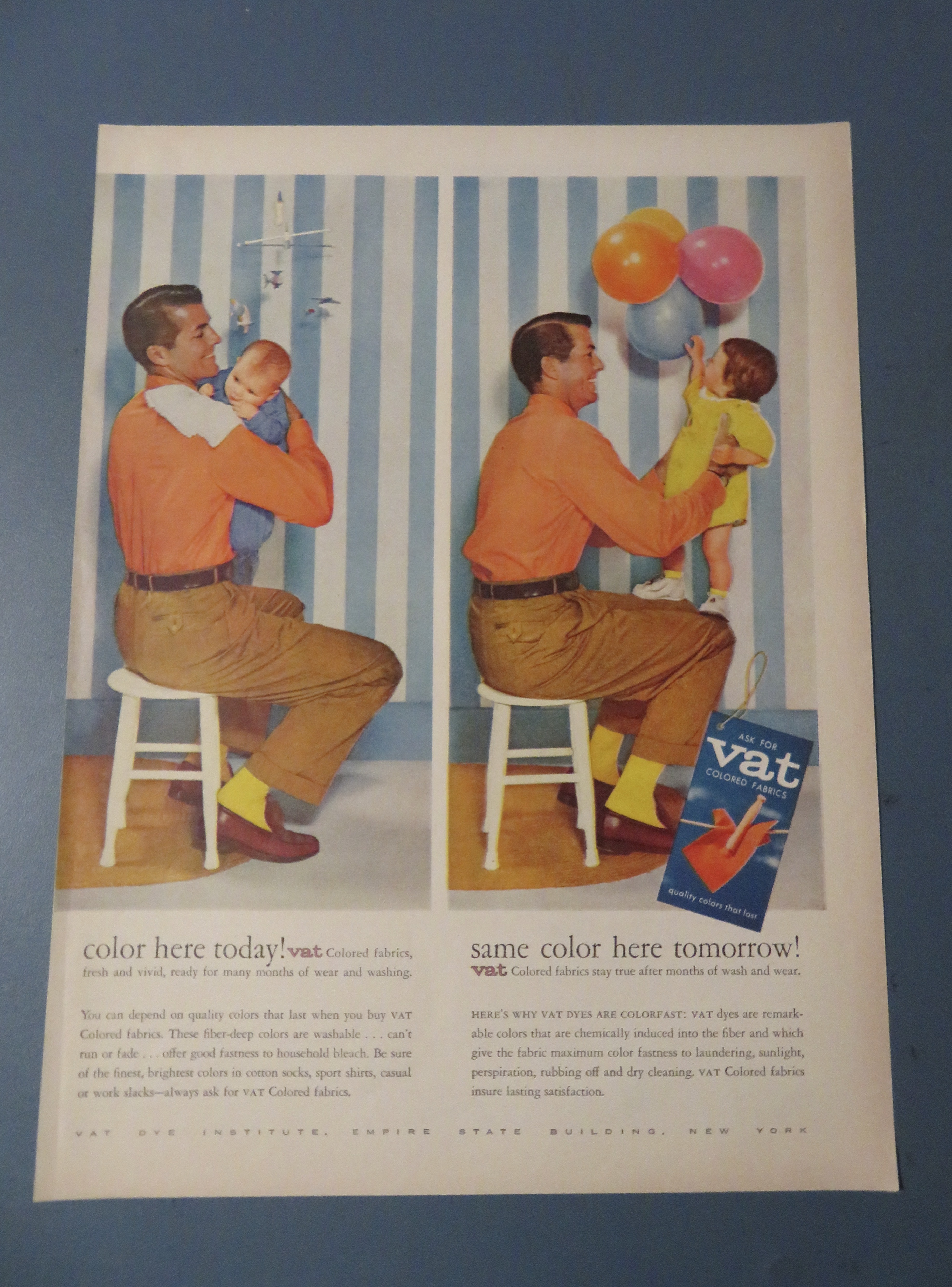 1957 Vat Colored Fabrics with Man & Baby In Two Scenes