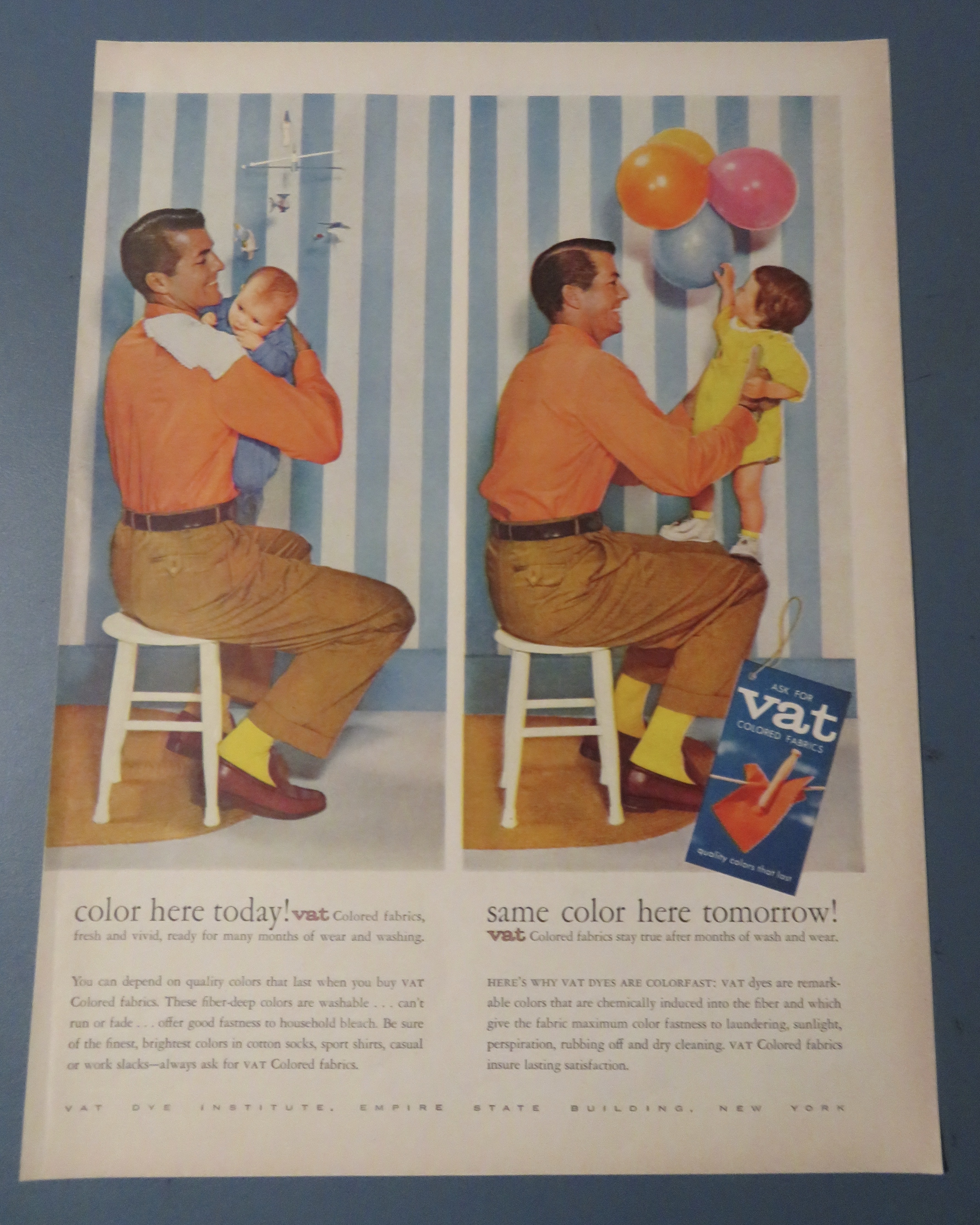 1957 Vat Colored Fabrics with Man & Baby In Two Scenes