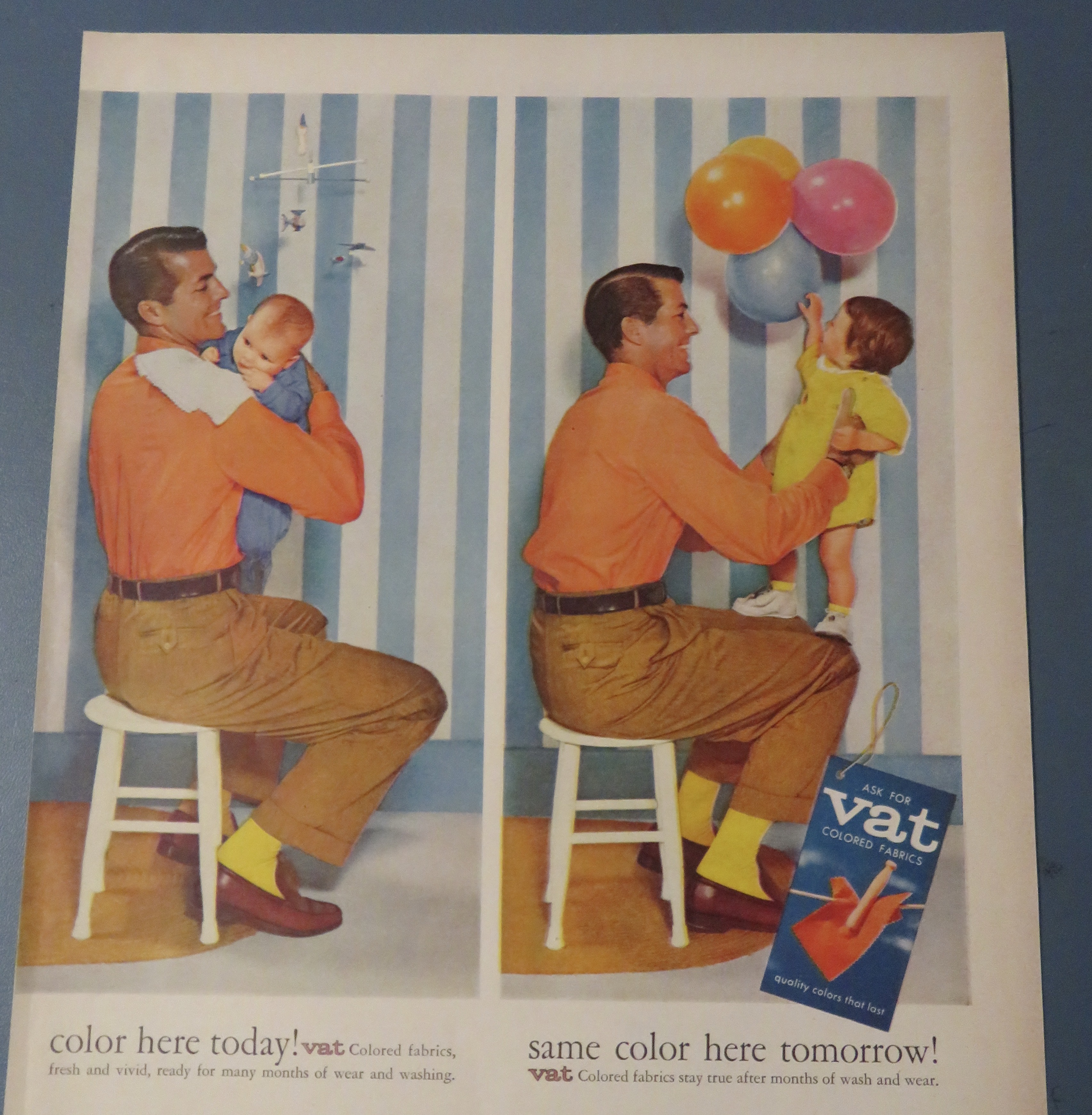 1957 Vat Colored Fabrics with Man & Baby In Two Scenes