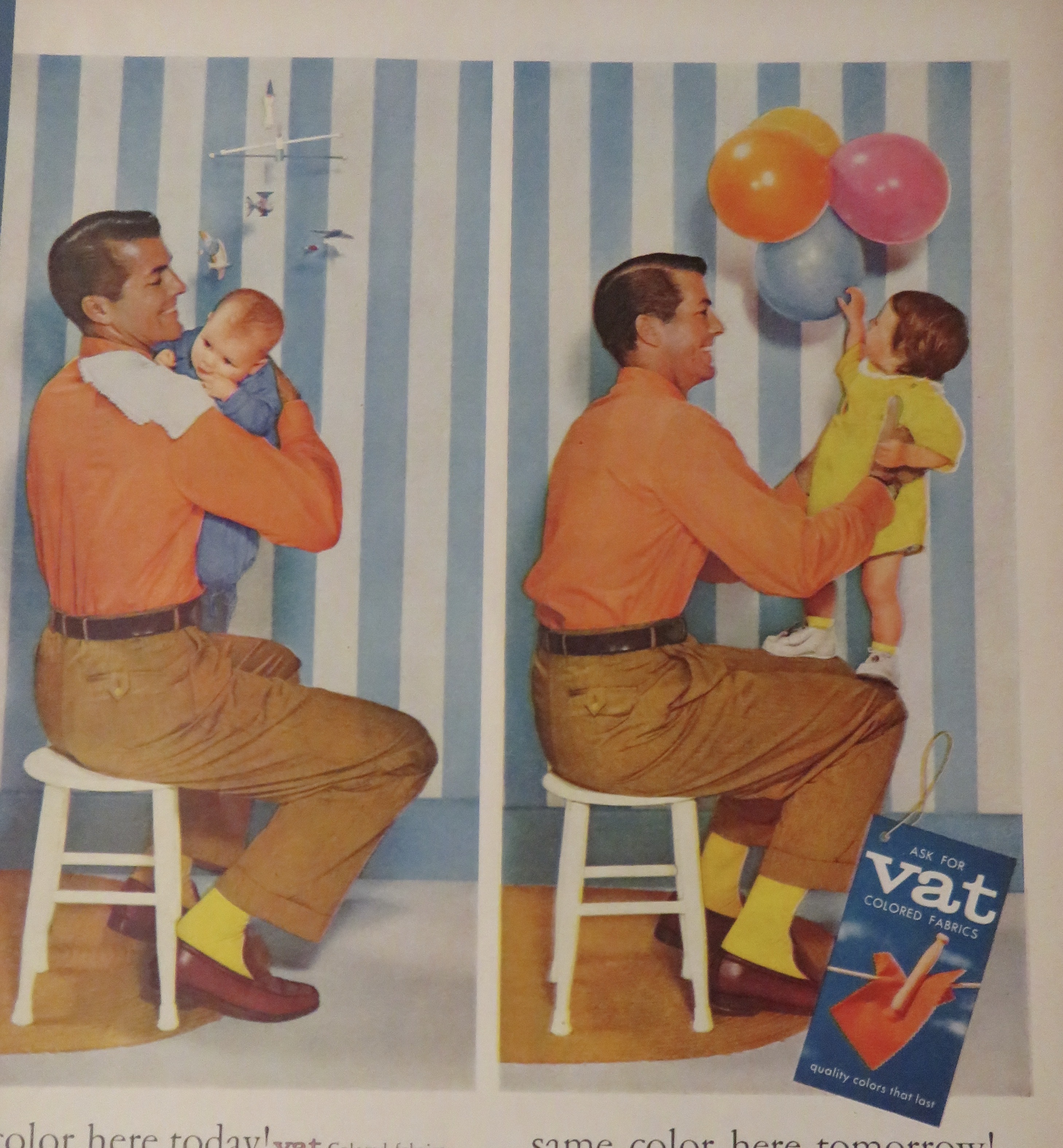 1957 Vat Colored Fabrics with Man & Baby In Two Scenes