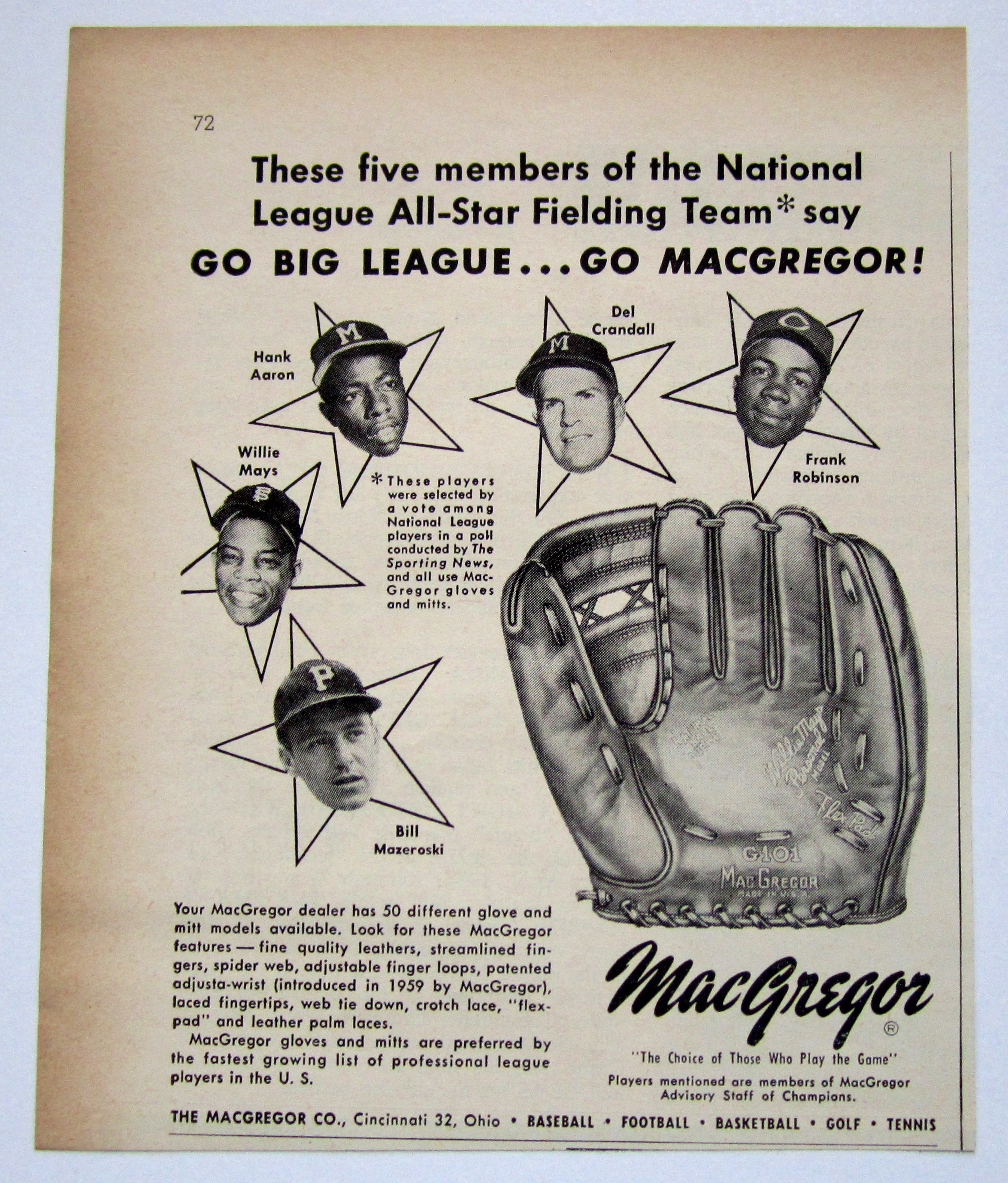 Vintage 1959 MacGregor Glove W/ Mays, Aaron & More