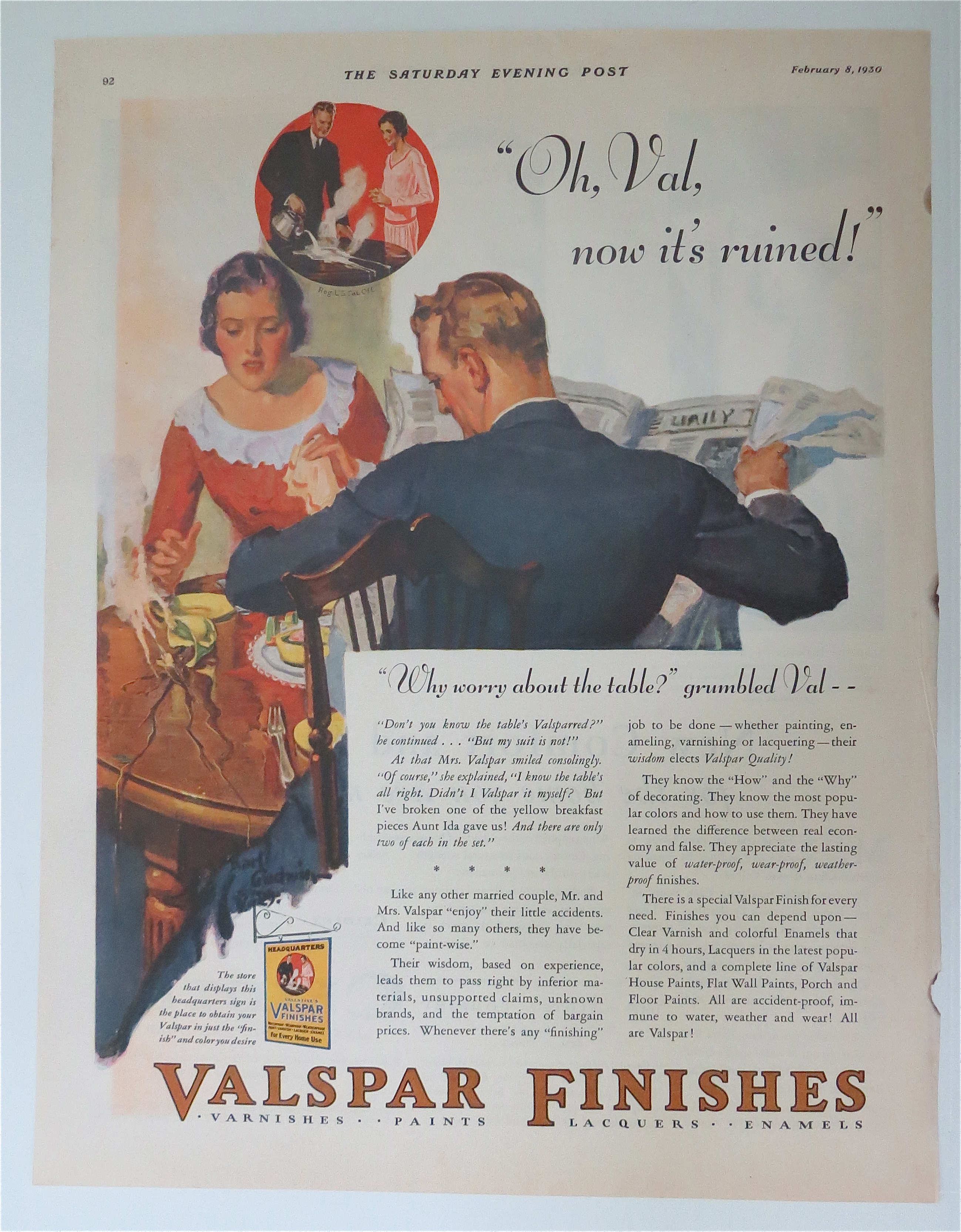 1930 Valspar Finishes w/ Woman Spilling Coffee on Table