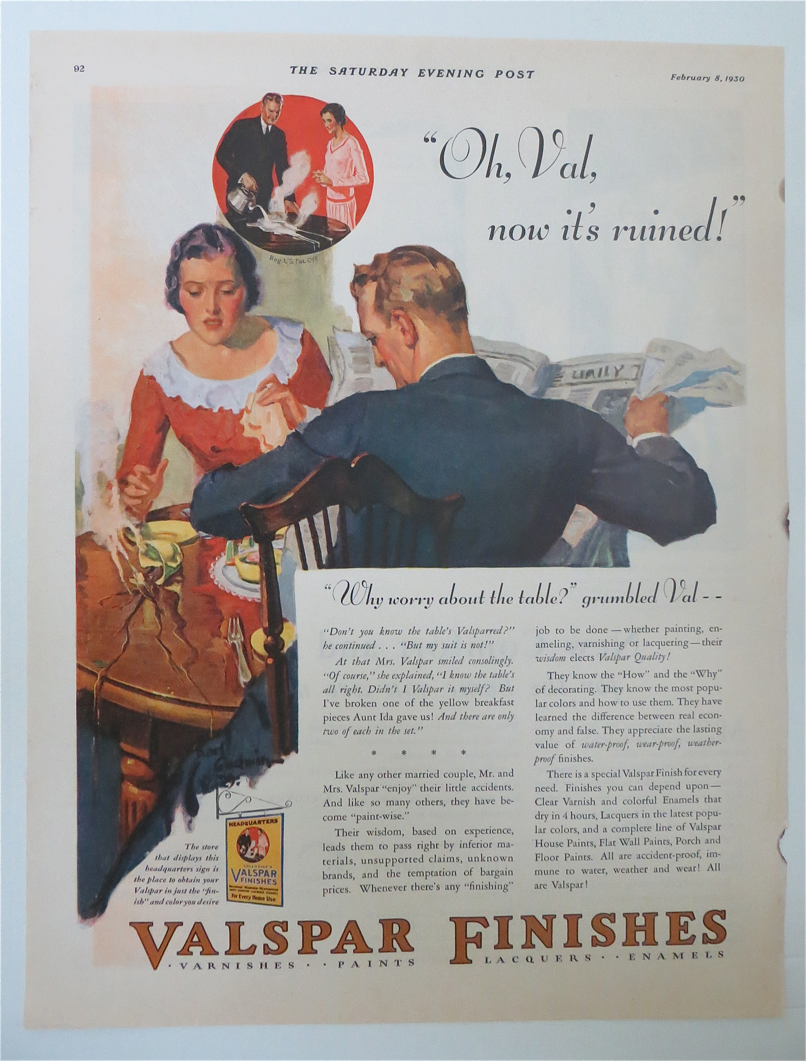 1930 Valspar Finishes w/ Woman Spilling Coffee on Table