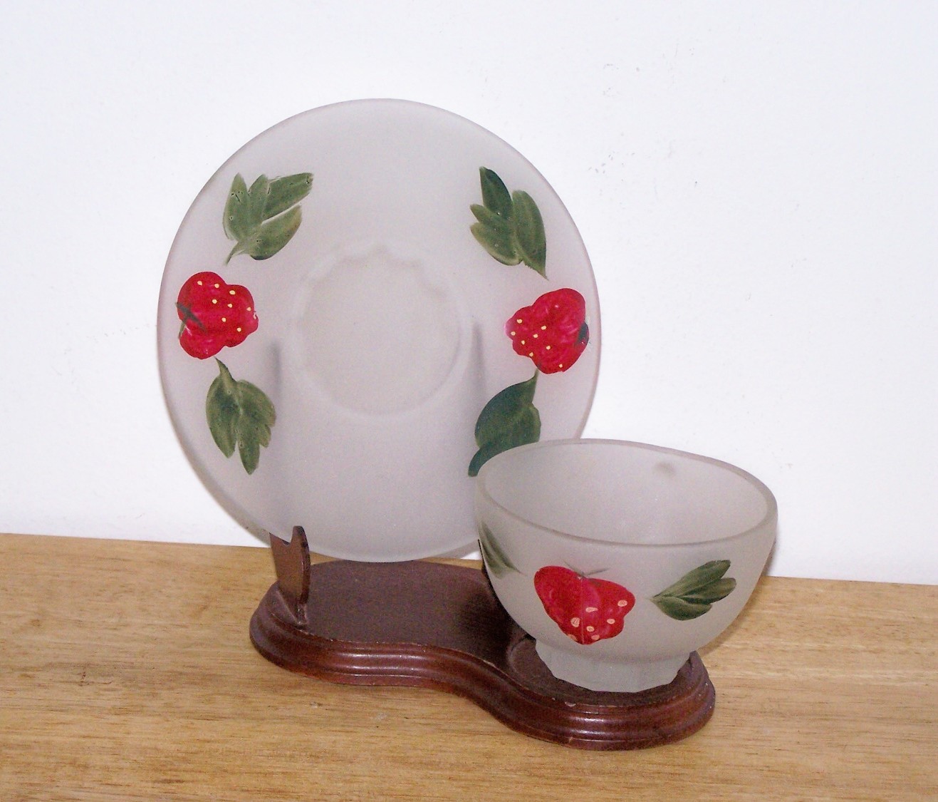 Frosted Cup & Saucer, Strawberry Design