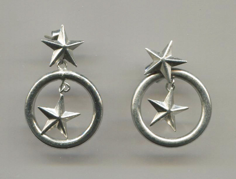 2 Silver Tone Stars, Open Circle, Pierced Earrings