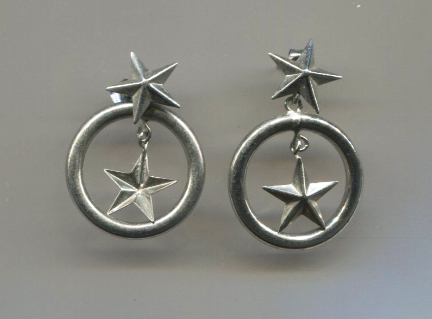 2 Silver Tone Stars, Open Circle, Pierced Earrings