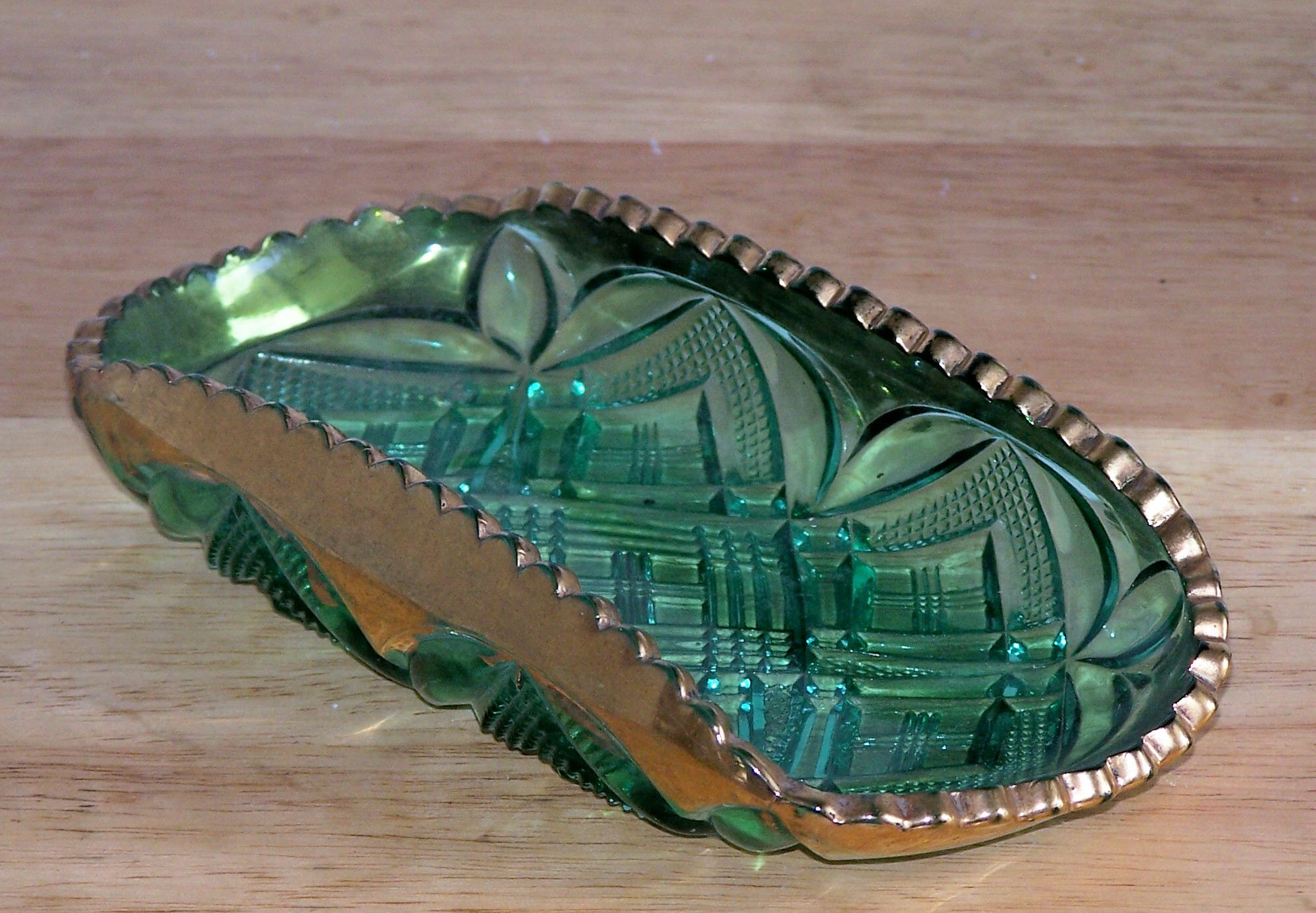 Green Glass, Gold Trim, Diamond Pattern Relish Dish