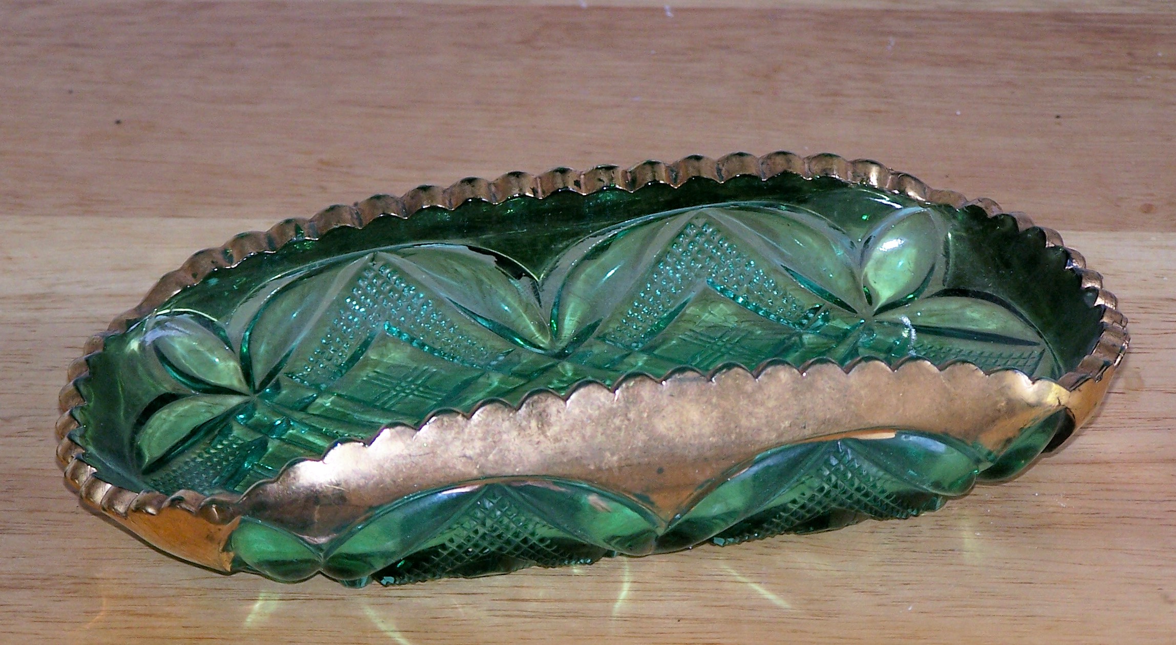 Green Glass, Gold Trim, Diamond Pattern Relish Dish