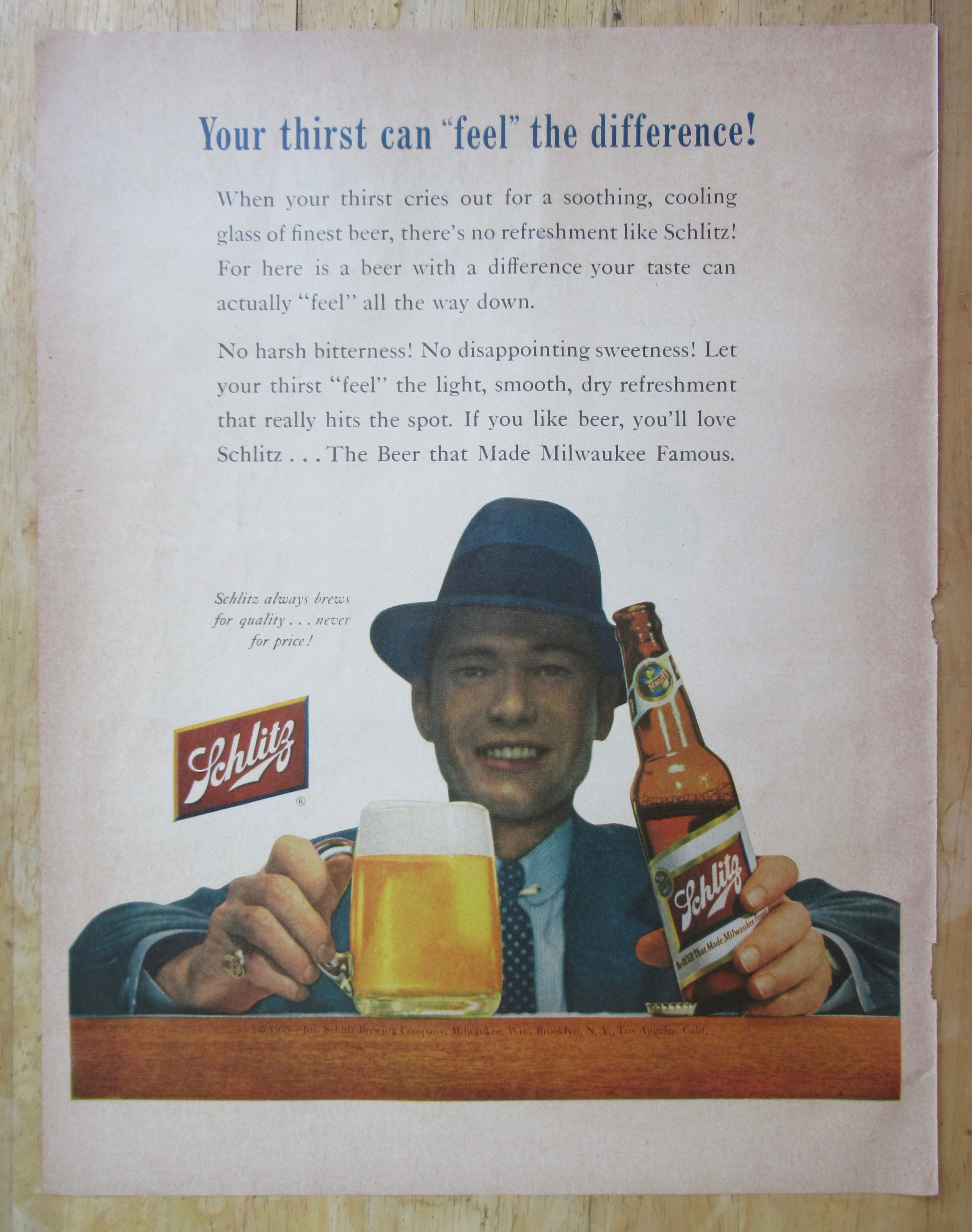 1955 Schlitz Beer w Man Holding Bottle & Glass Of Beer