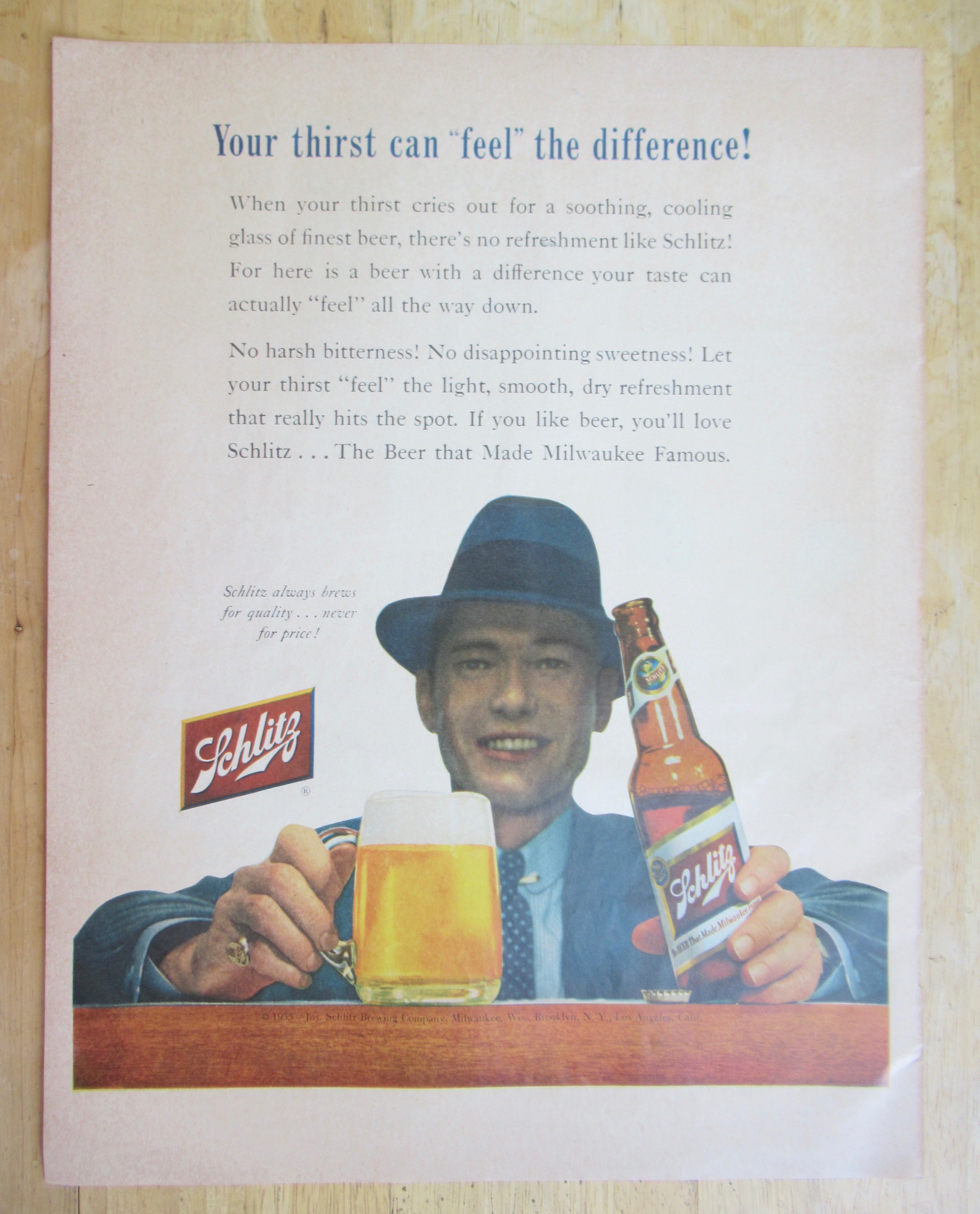 1955 Schlitz Beer w Man Holding Bottle & Glass Of Beer