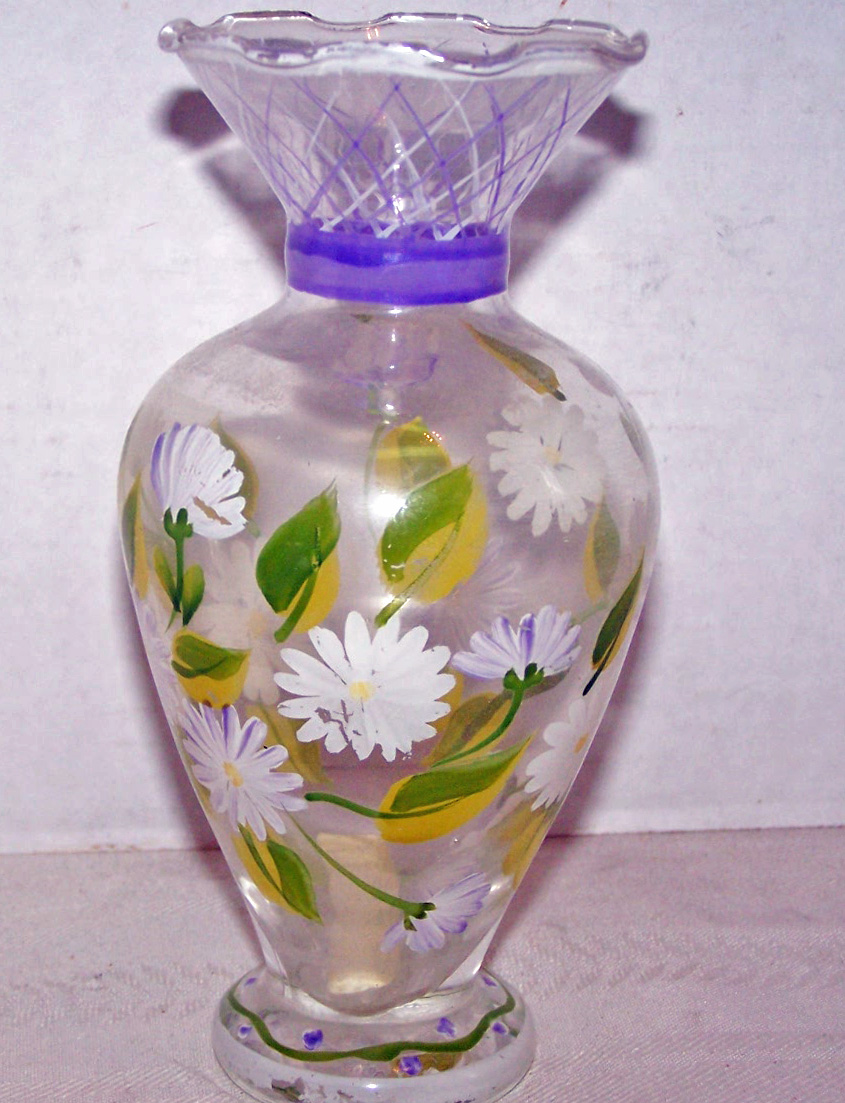 Small Glass Hand Painted Vase of Flowers