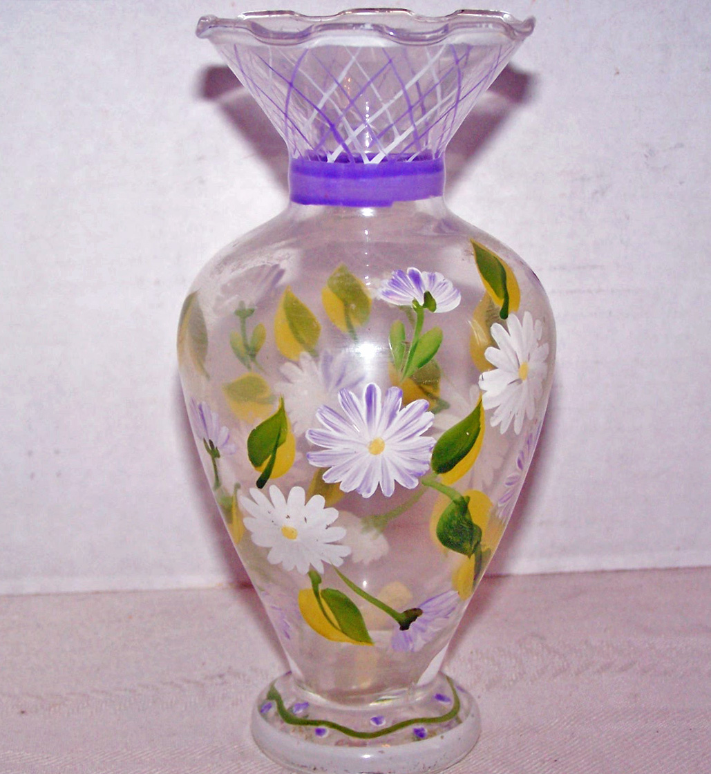 Small Glass Hand Painted Vase of Flowers