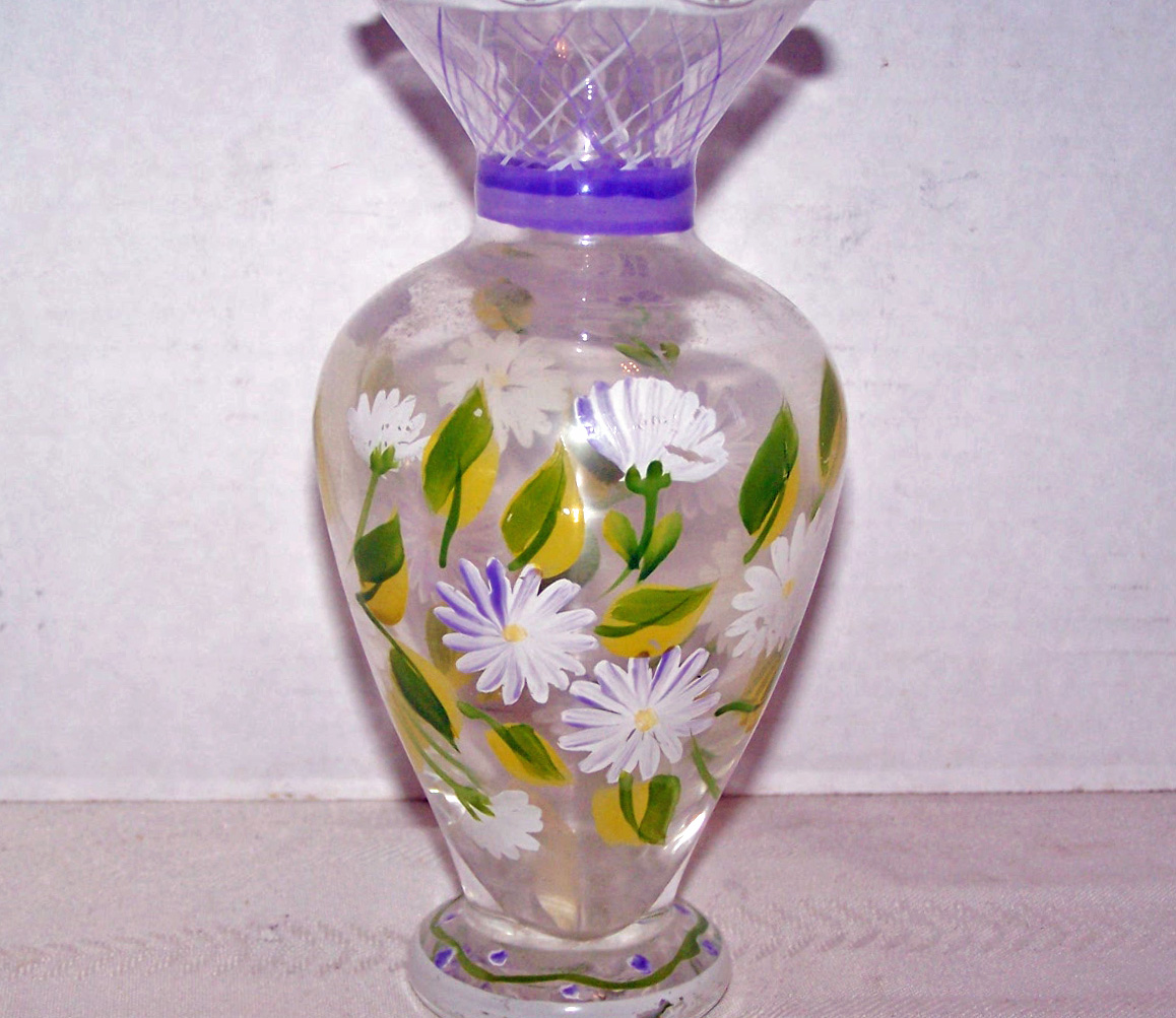 Small Glass Hand Painted Vase of Flowers