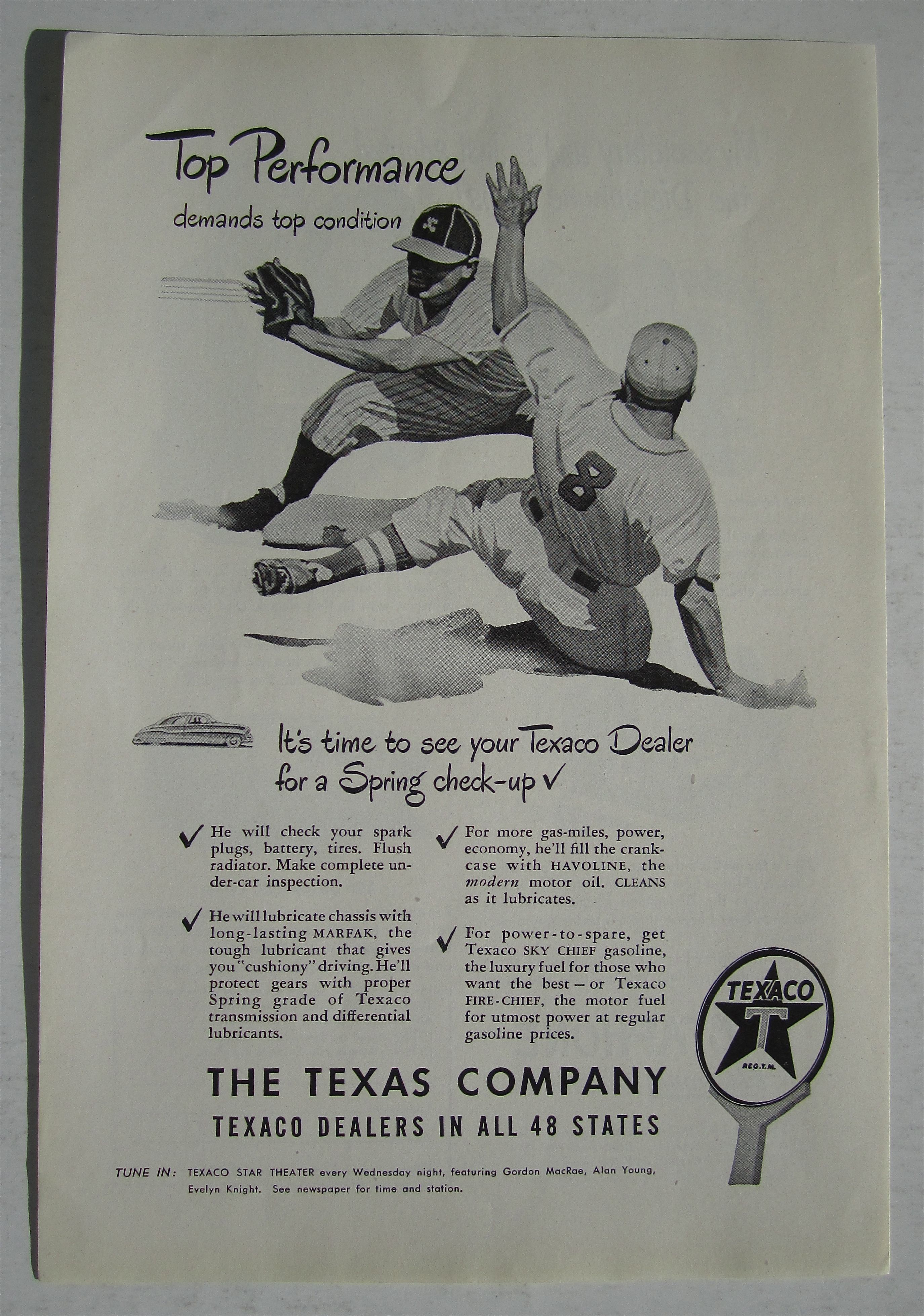 1948 Texaco with Baseball Player Sliding into Base
