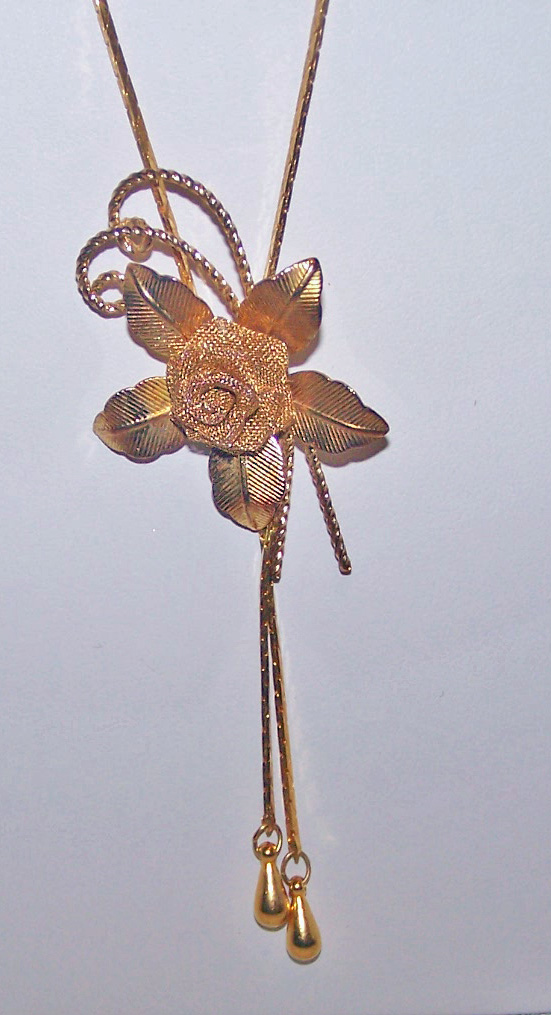 Gold Tone Bolo Necklace, Flower Pendant