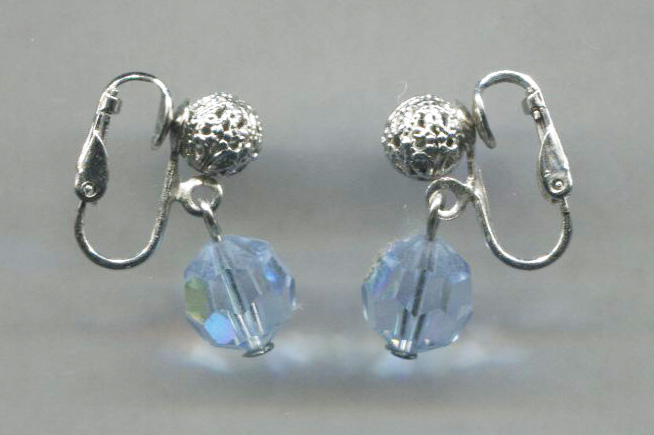 Blue Crystal Drop, Silver Filigree Ball Clip Earrings