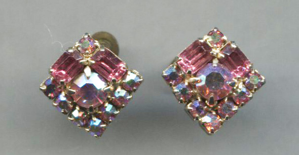 Pink Glass Rhinestones, Square Screw-Back Earrings