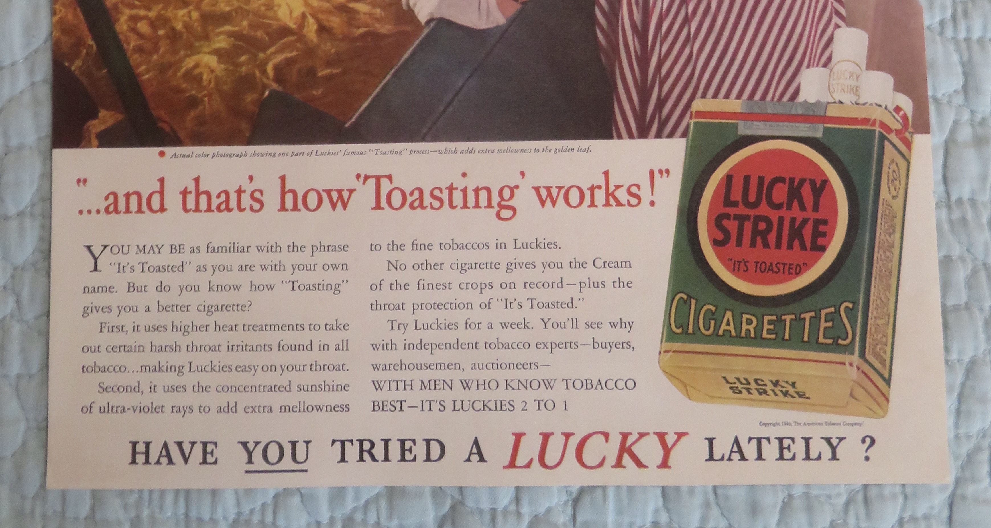 1940 Lucky Strike Cigarettes with Tobacco Being Toasted