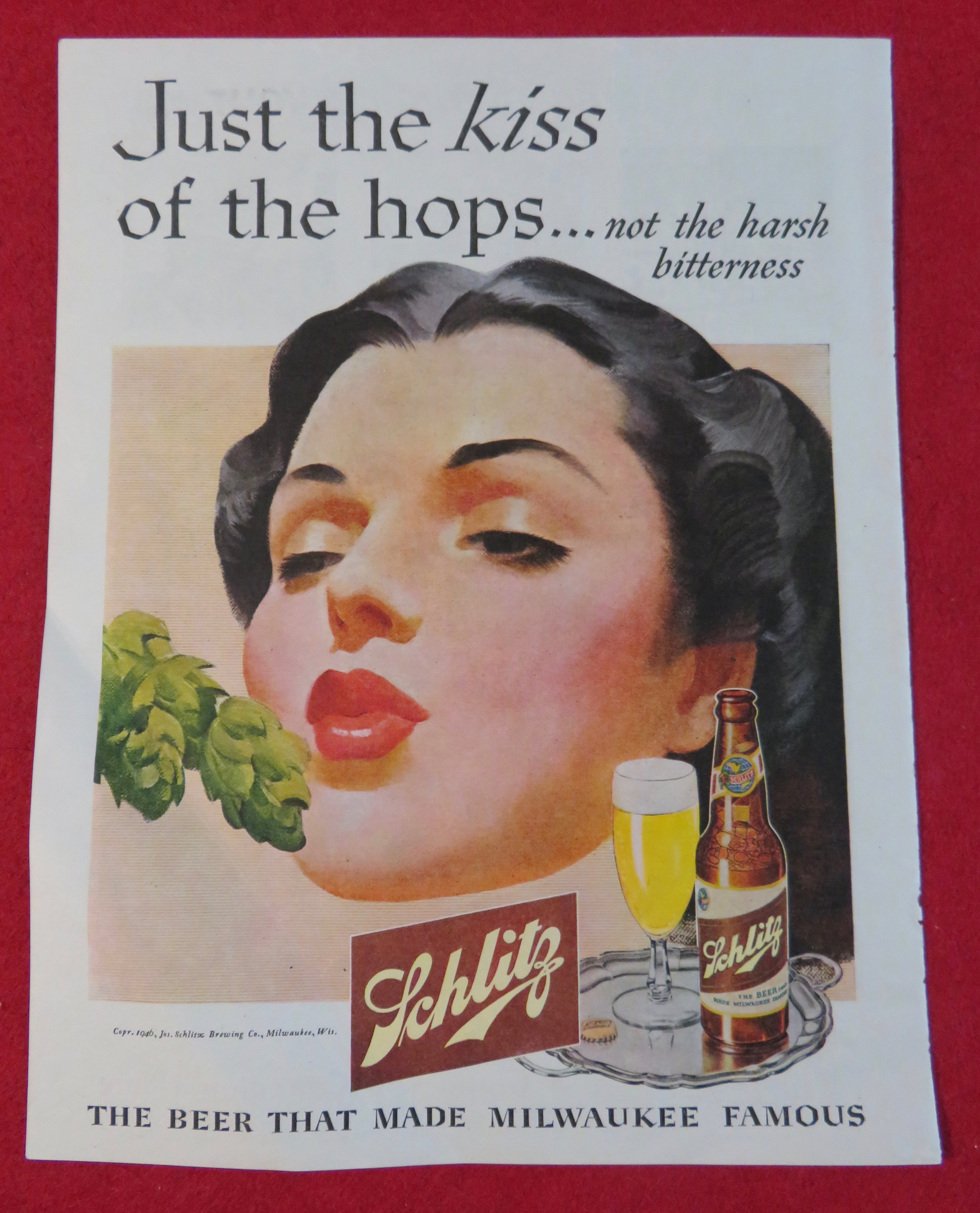 1946 Schlitz Beer with Woman Blowing a Kiss