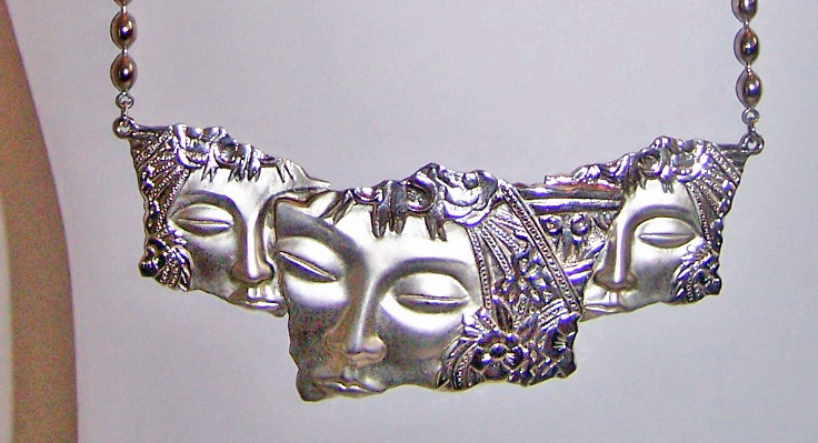 JJ Signed, 3 Women Faces Fixed Pendant Necklace