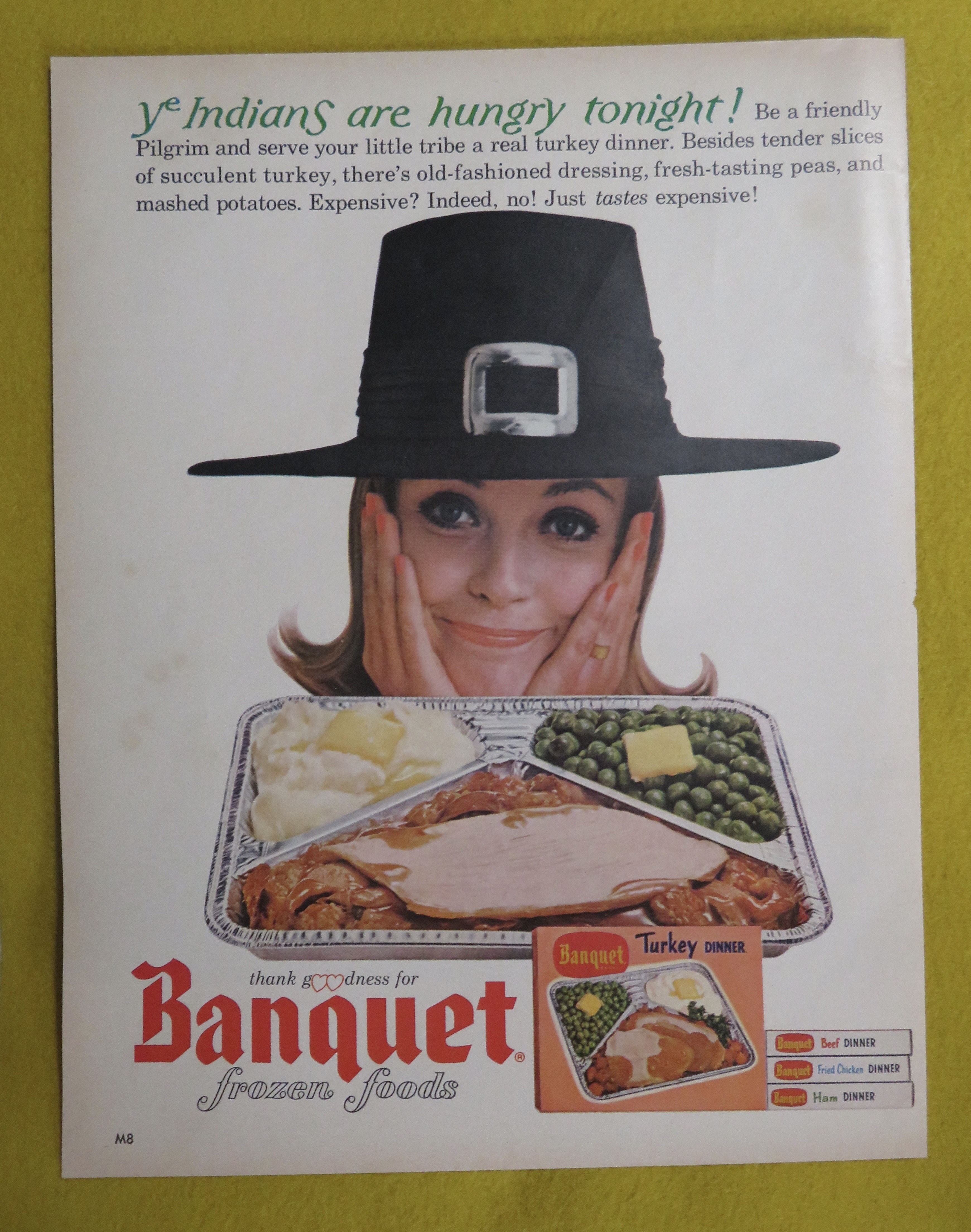 1964 Banquet Turkey Dinner w/ Woman in Pilgrim Hat