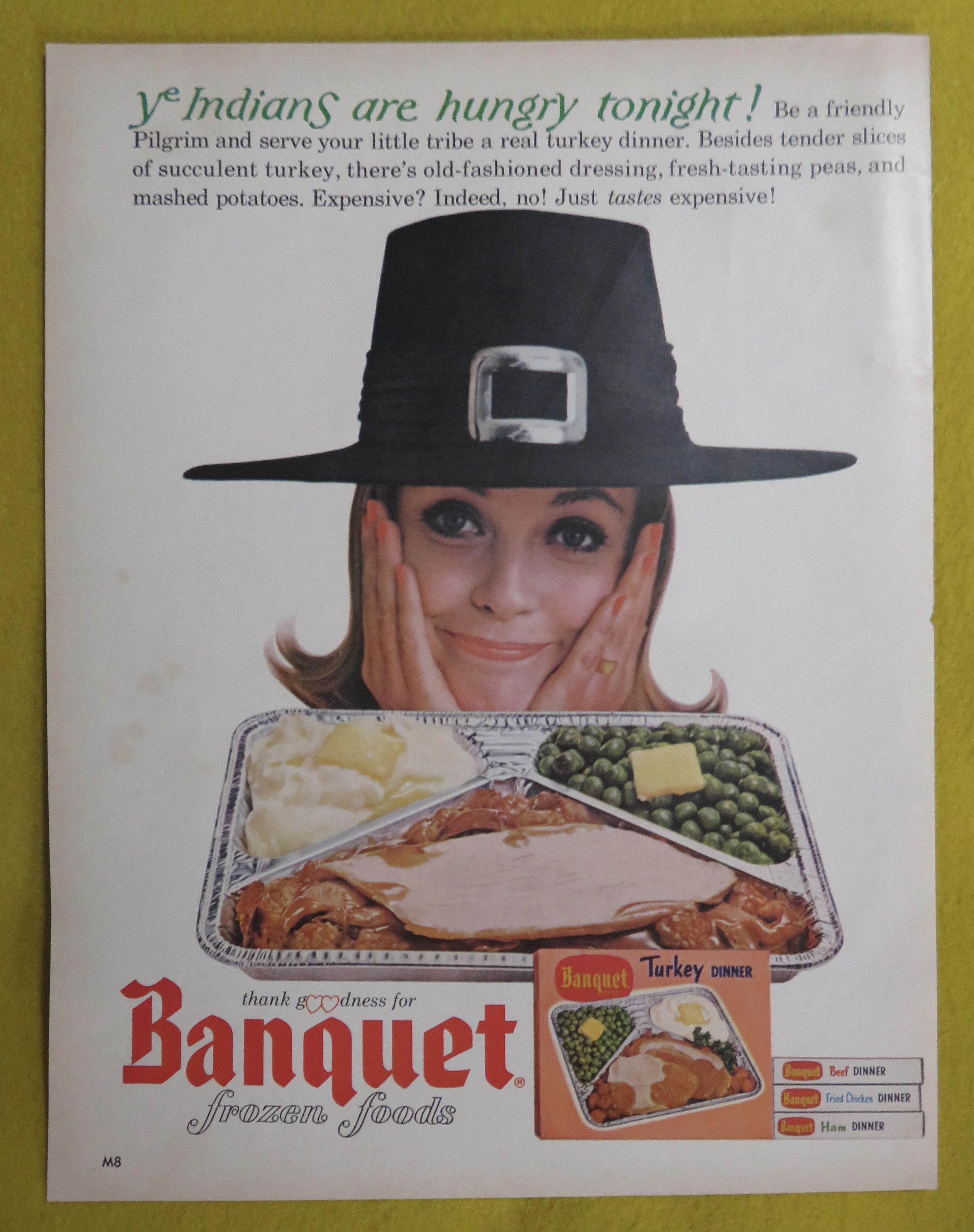 1964 Banquet Turkey Dinner w/ Woman in Pilgrim Hat