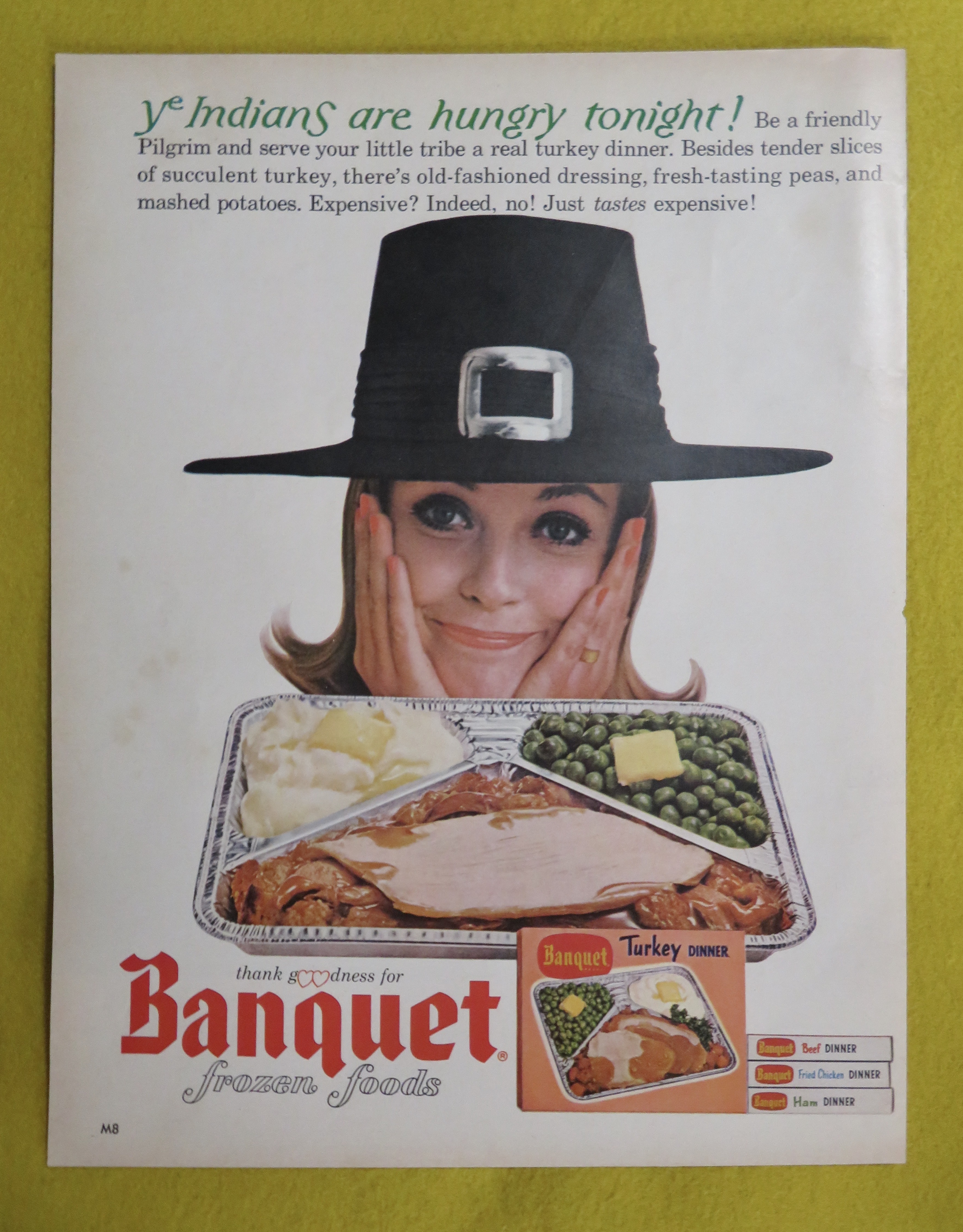 1964 Banquet Turkey Dinner w/ Woman in Pilgrim Hat