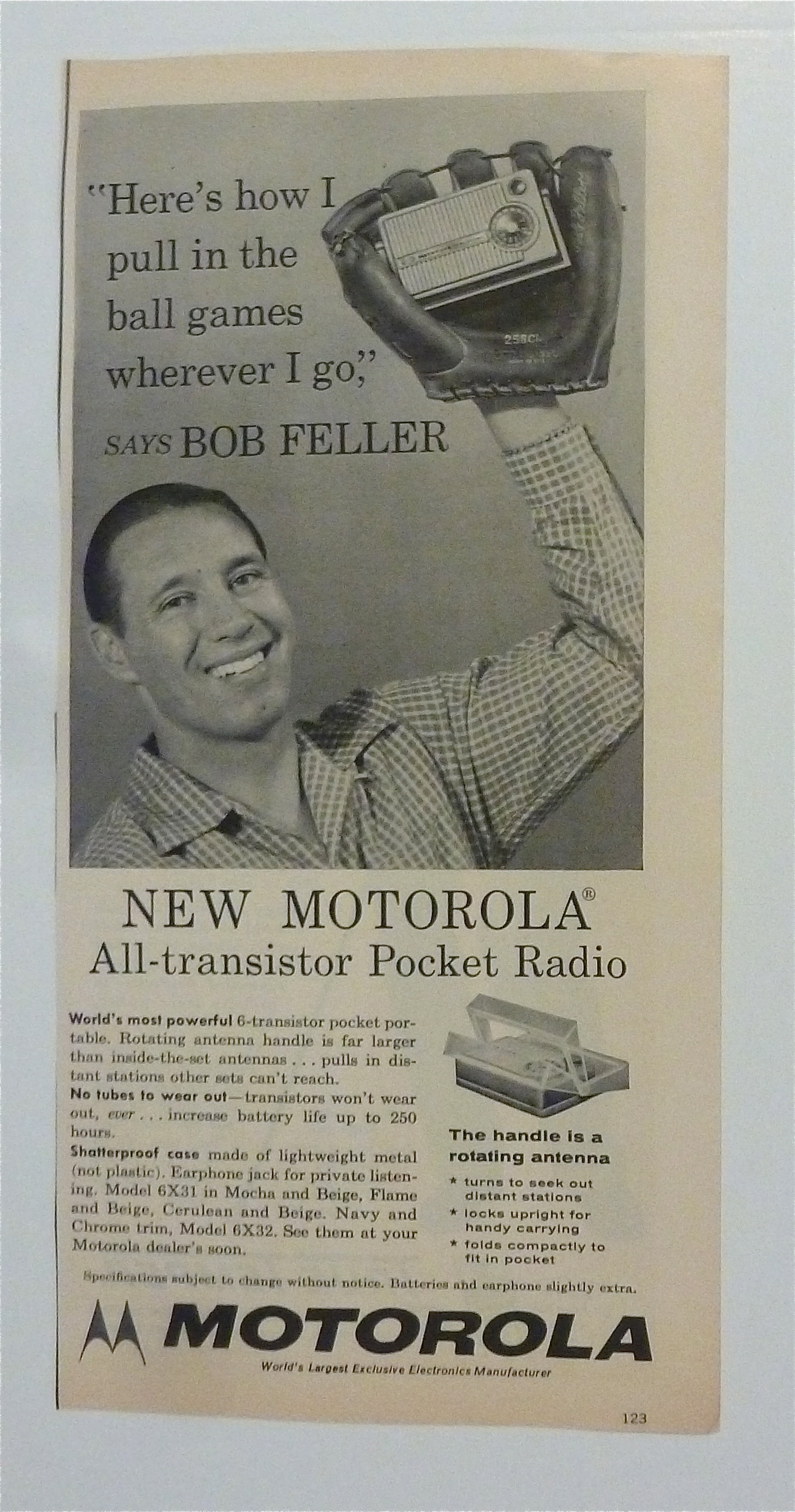 1957 Motorola Pocket Radio Ad with Bob Feller
