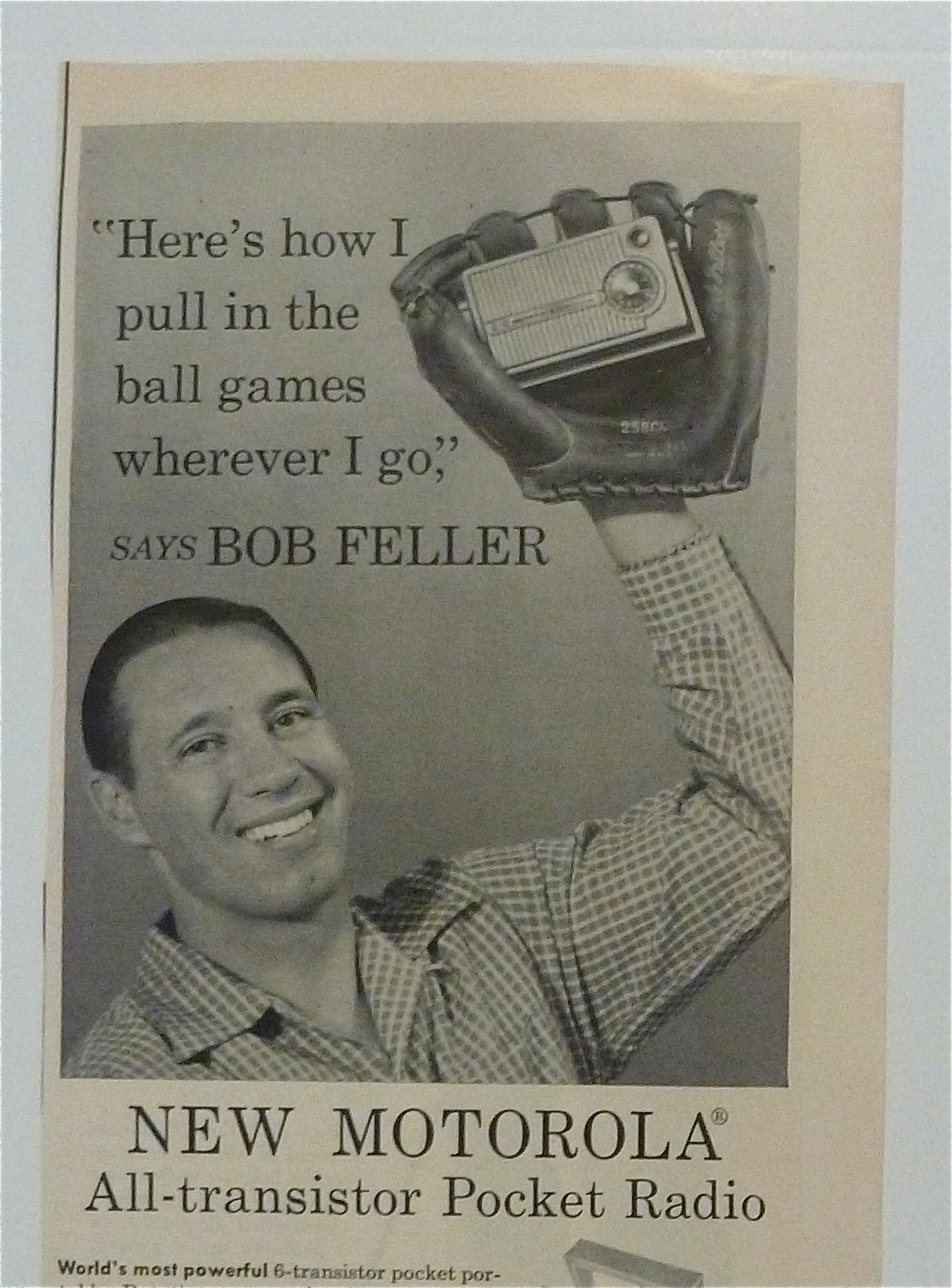 1957 Motorola Pocket Radio Ad with Bob Feller
