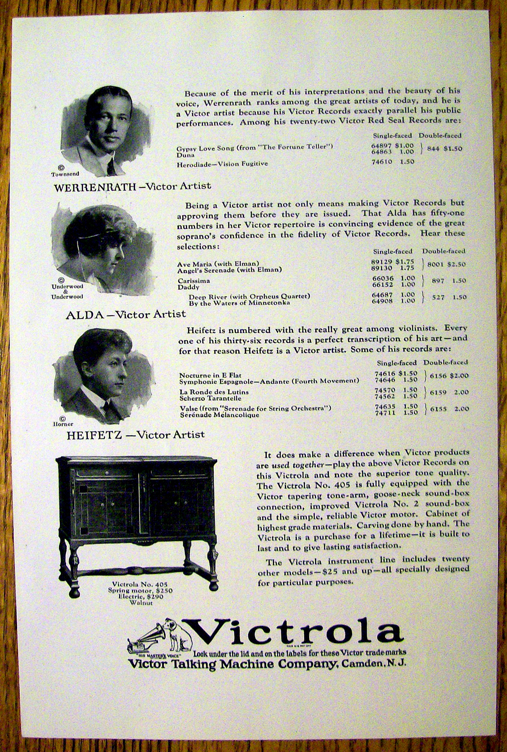 1923 Victrola Talking Machine with Heifetz, Alda & More