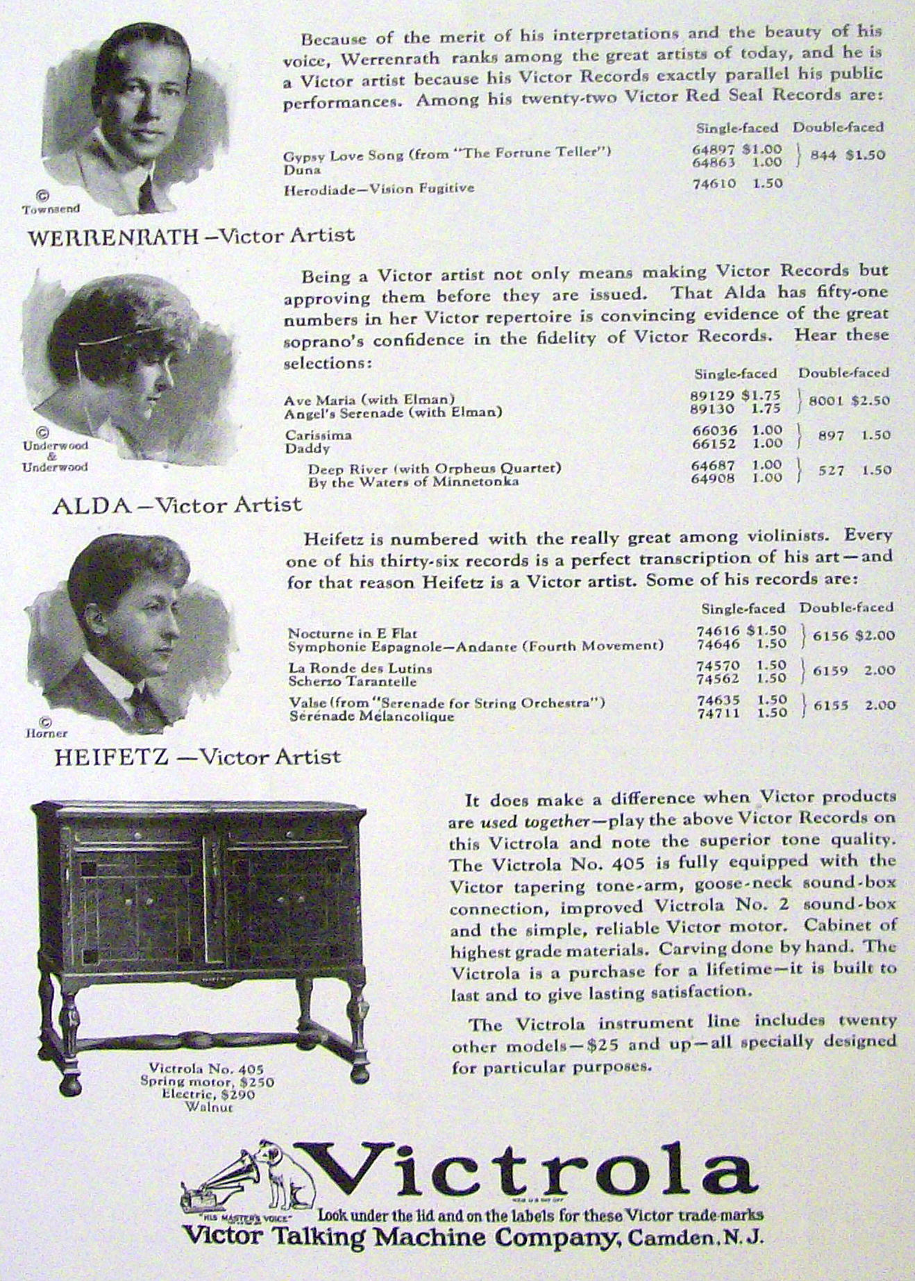 1923 Victrola Talking Machine with Heifetz, Alda & More
