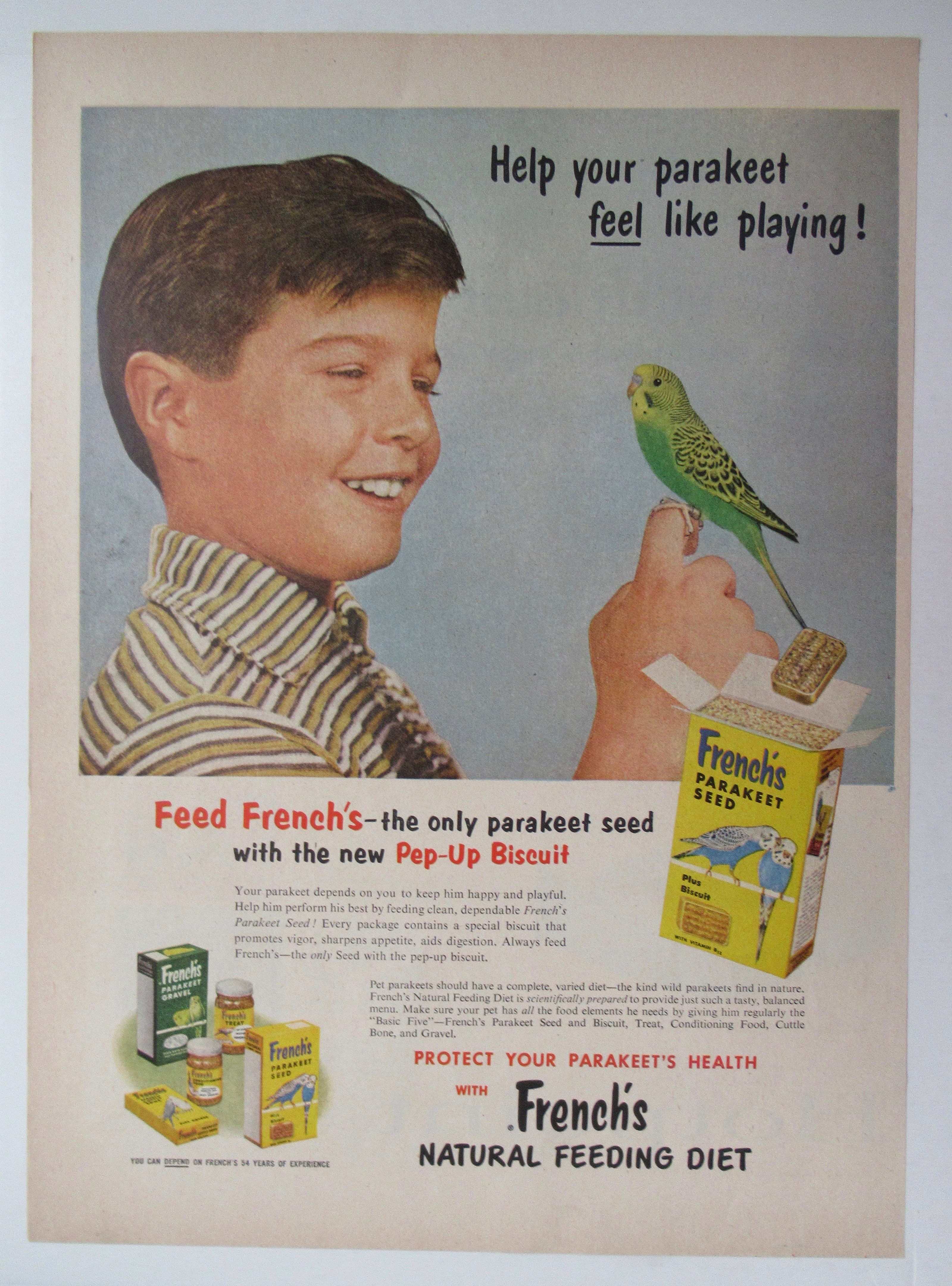 1956 French's Parakeet Seed w/ Boy & Bird on His Finger