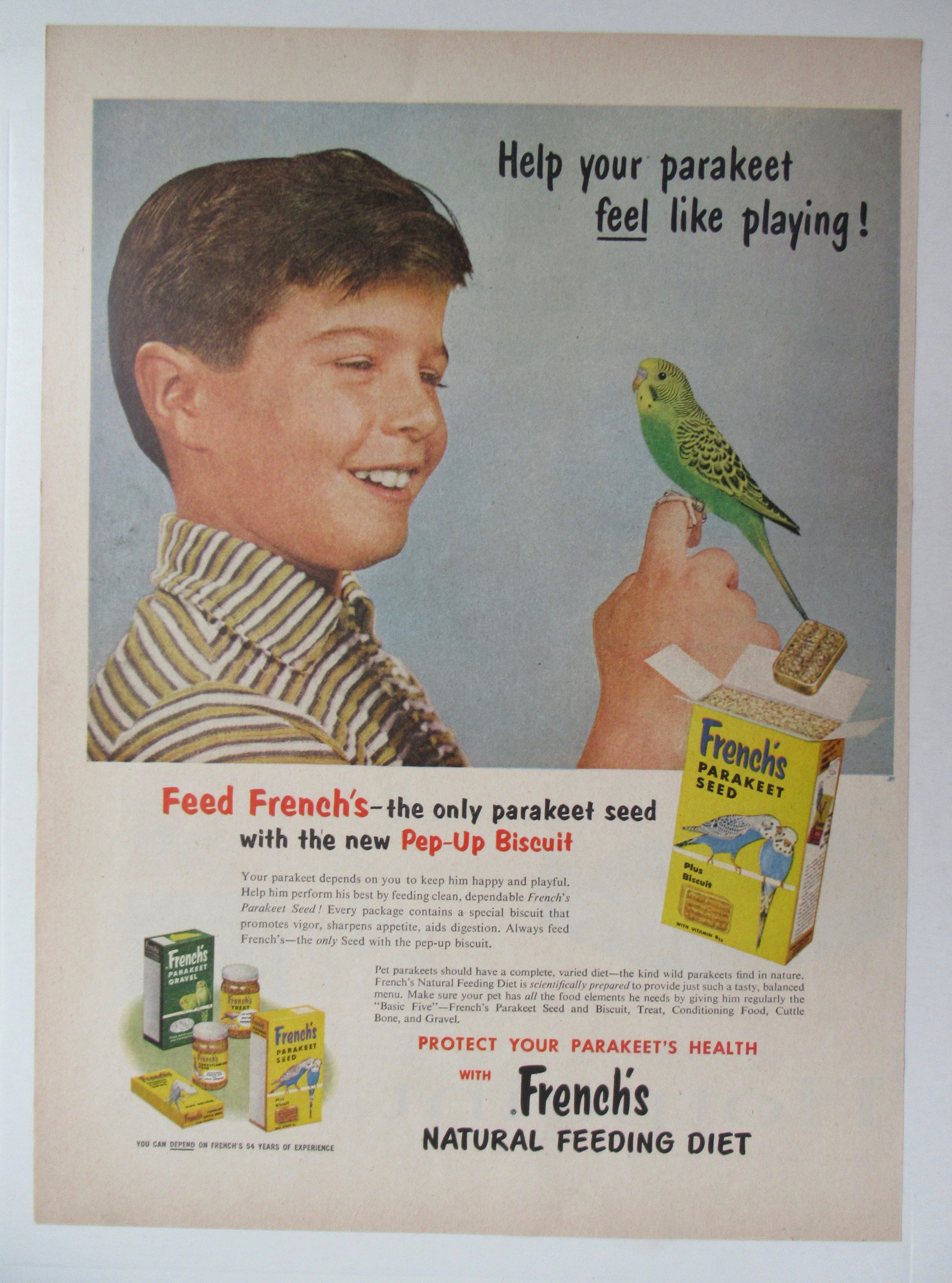 1956 French's Parakeet Seed w/ Boy & Bird on His Finger
