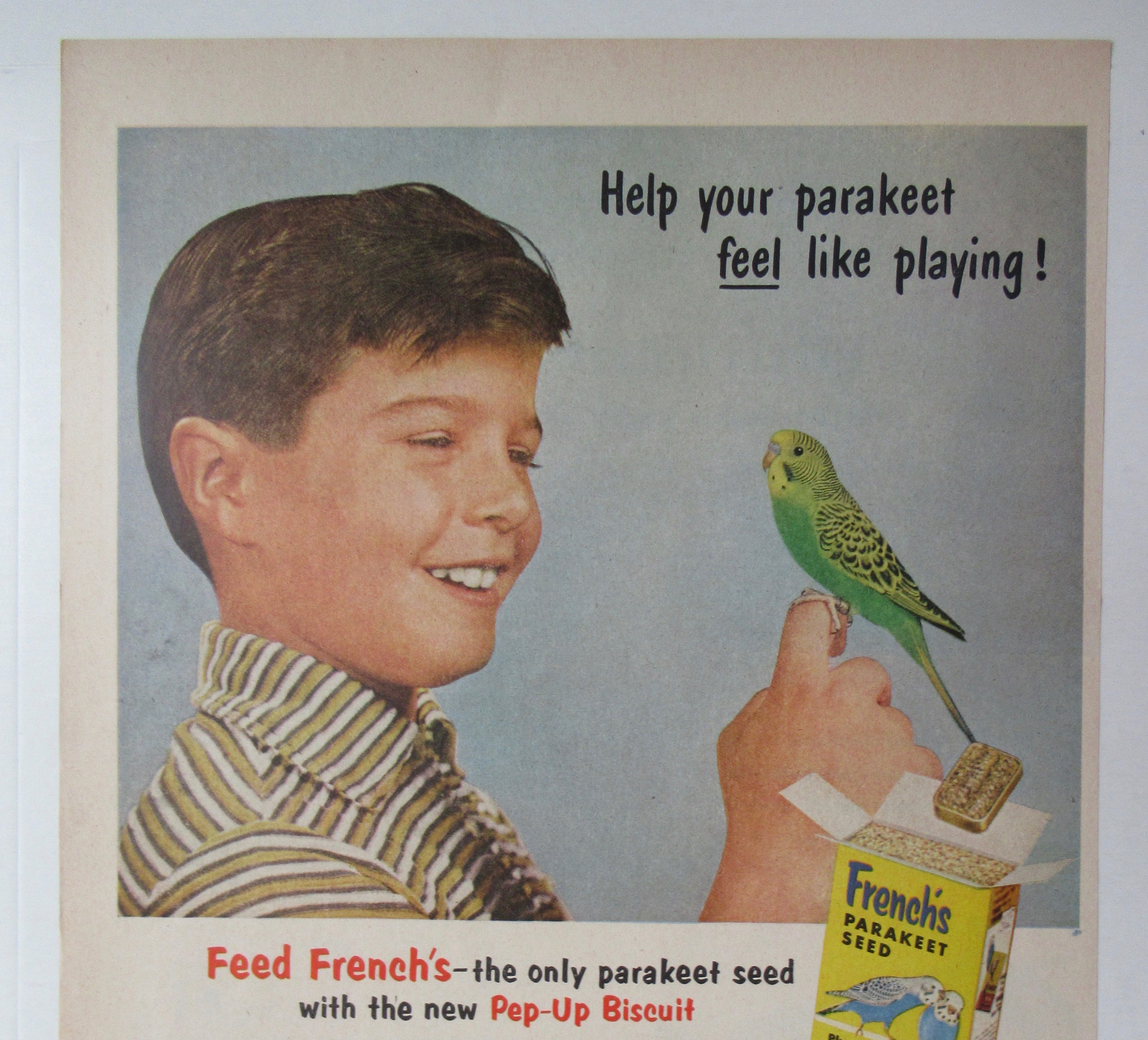 1956 French's Parakeet Seed w/ Boy & Bird on His Finger
