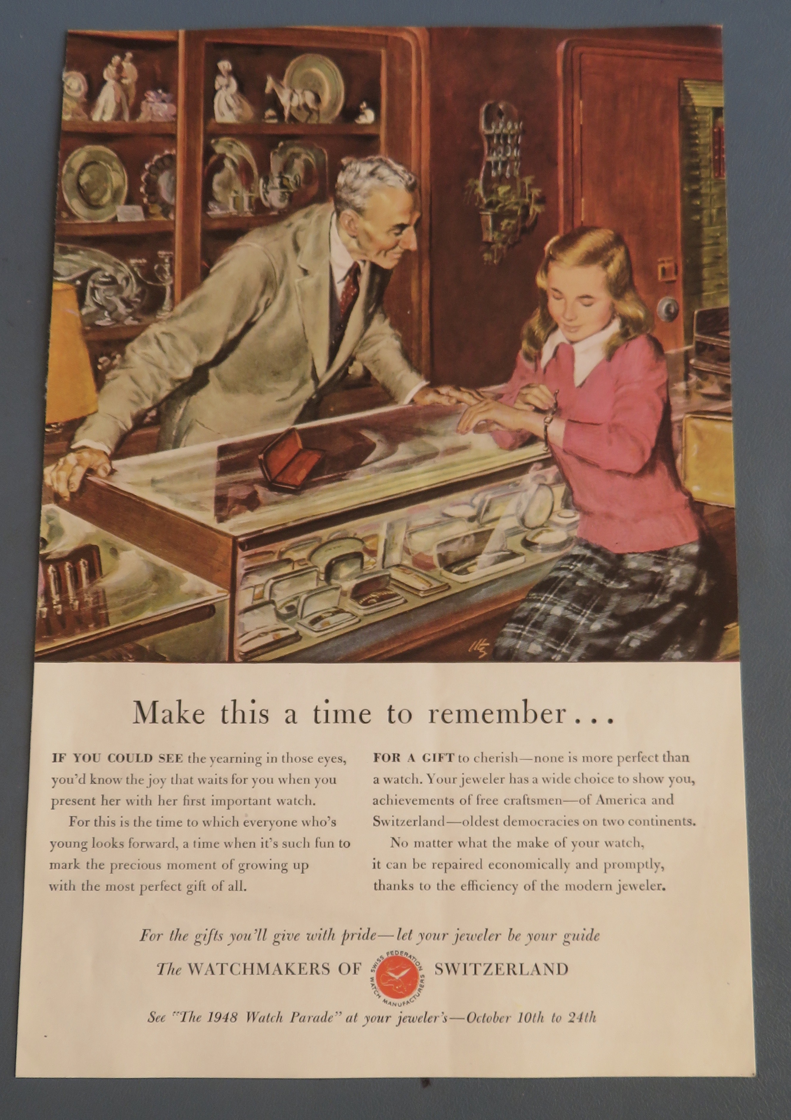 1948 Watchmakers of Switzerland By Utz w Jeweler & Girl