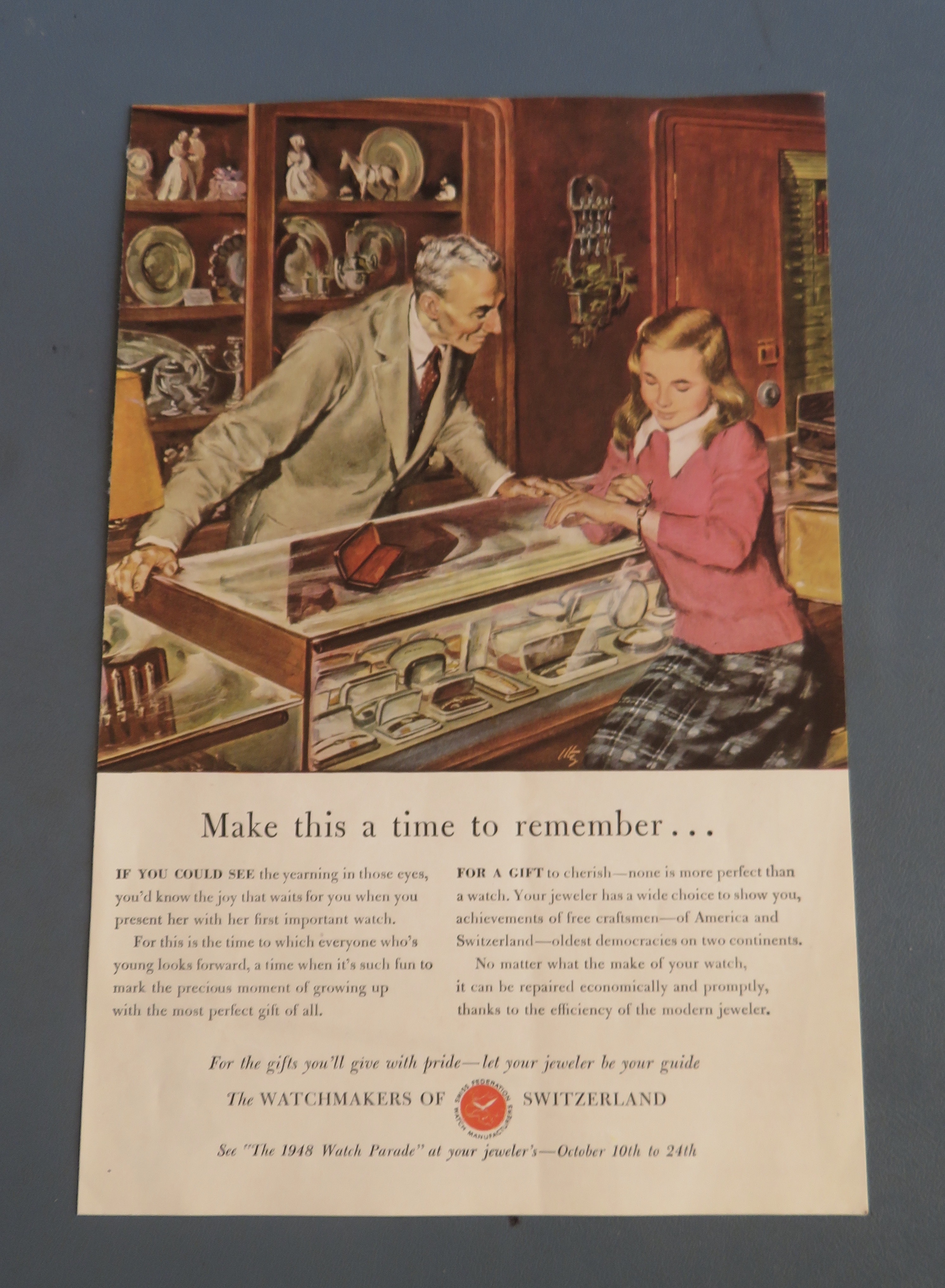 1948 Watchmakers of Switzerland By Utz w Jeweler & Girl