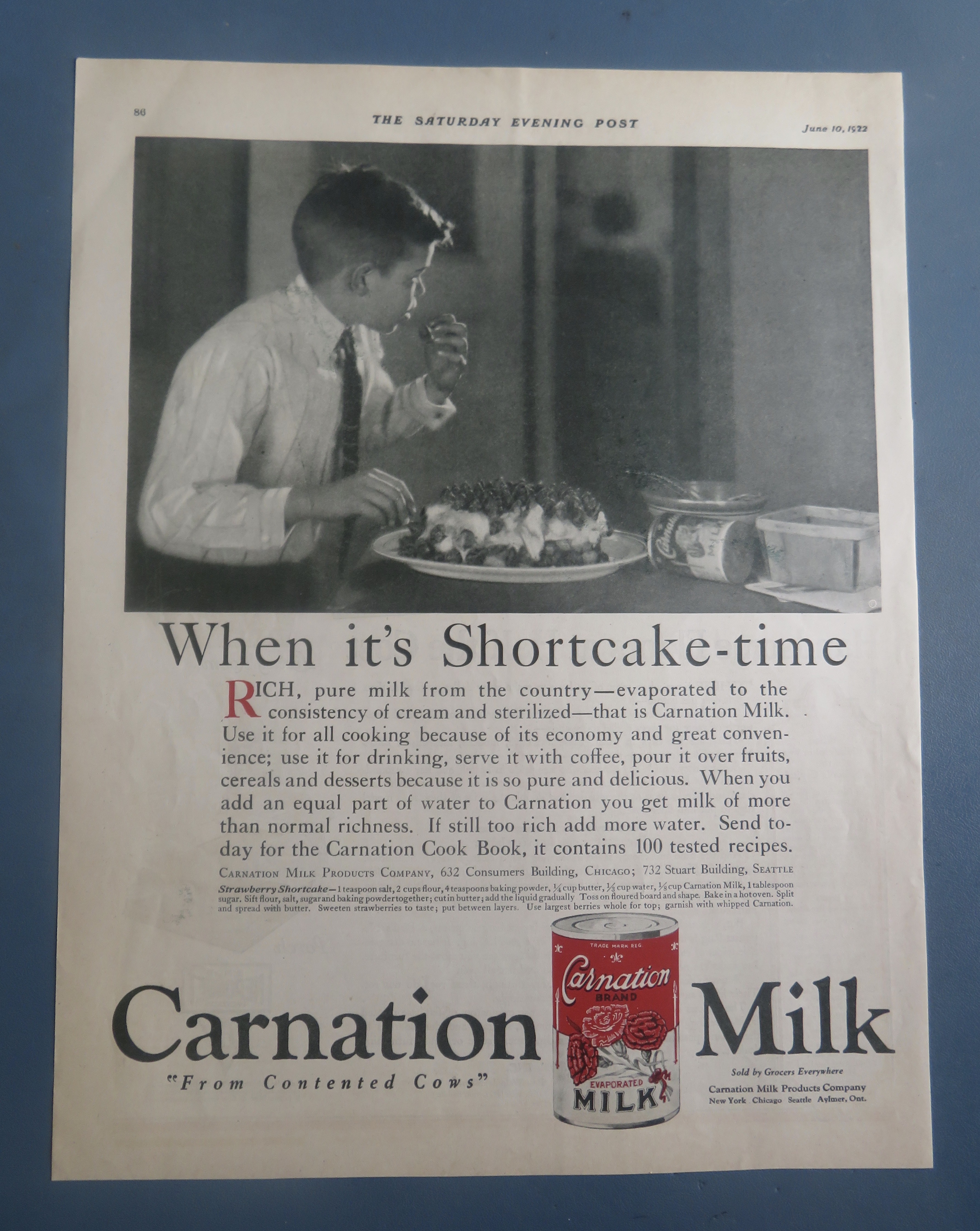1922 Carnation Milk With Boy Eating Shortcake