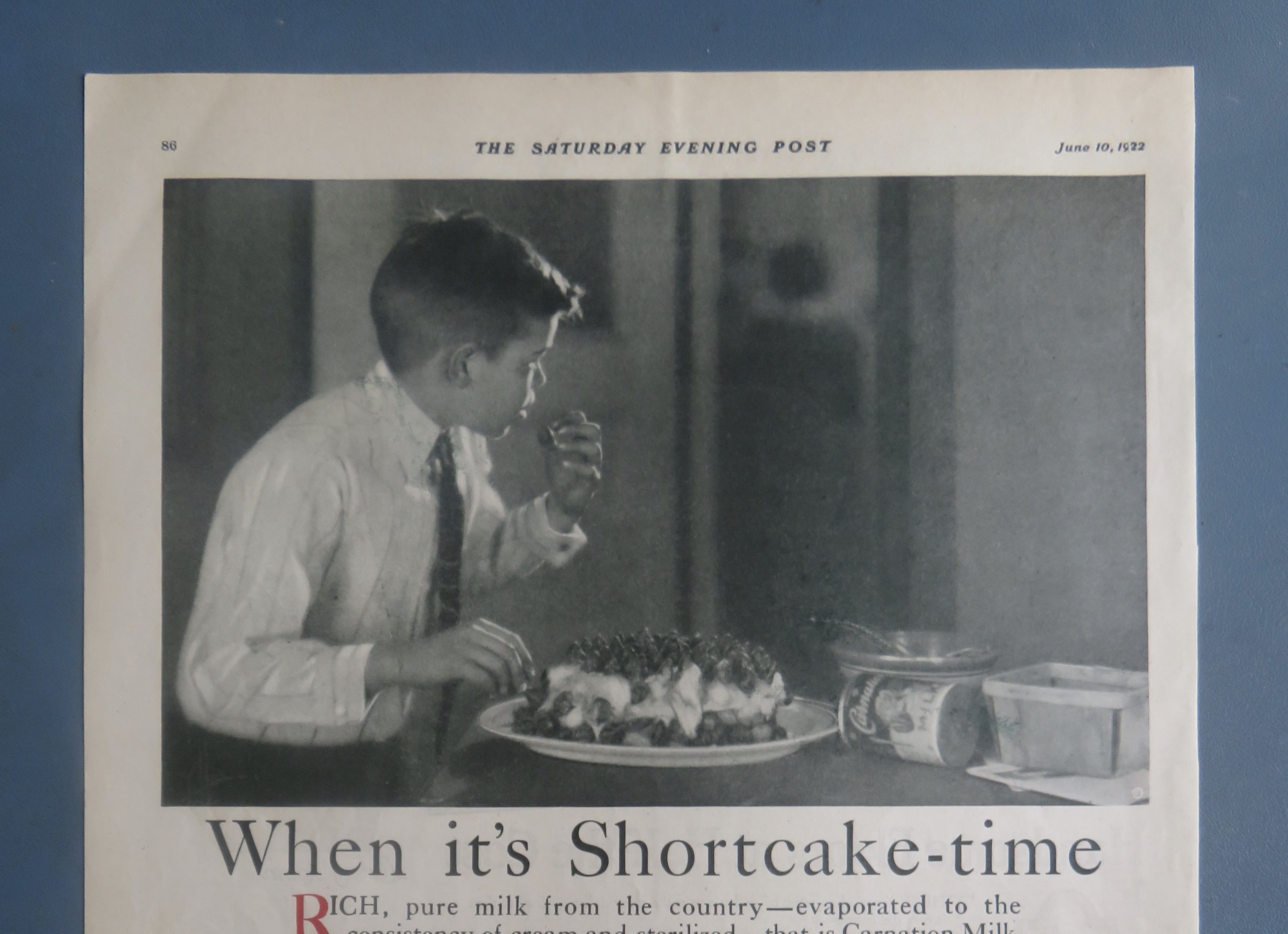 1922 Carnation Milk With Boy Eating Shortcake